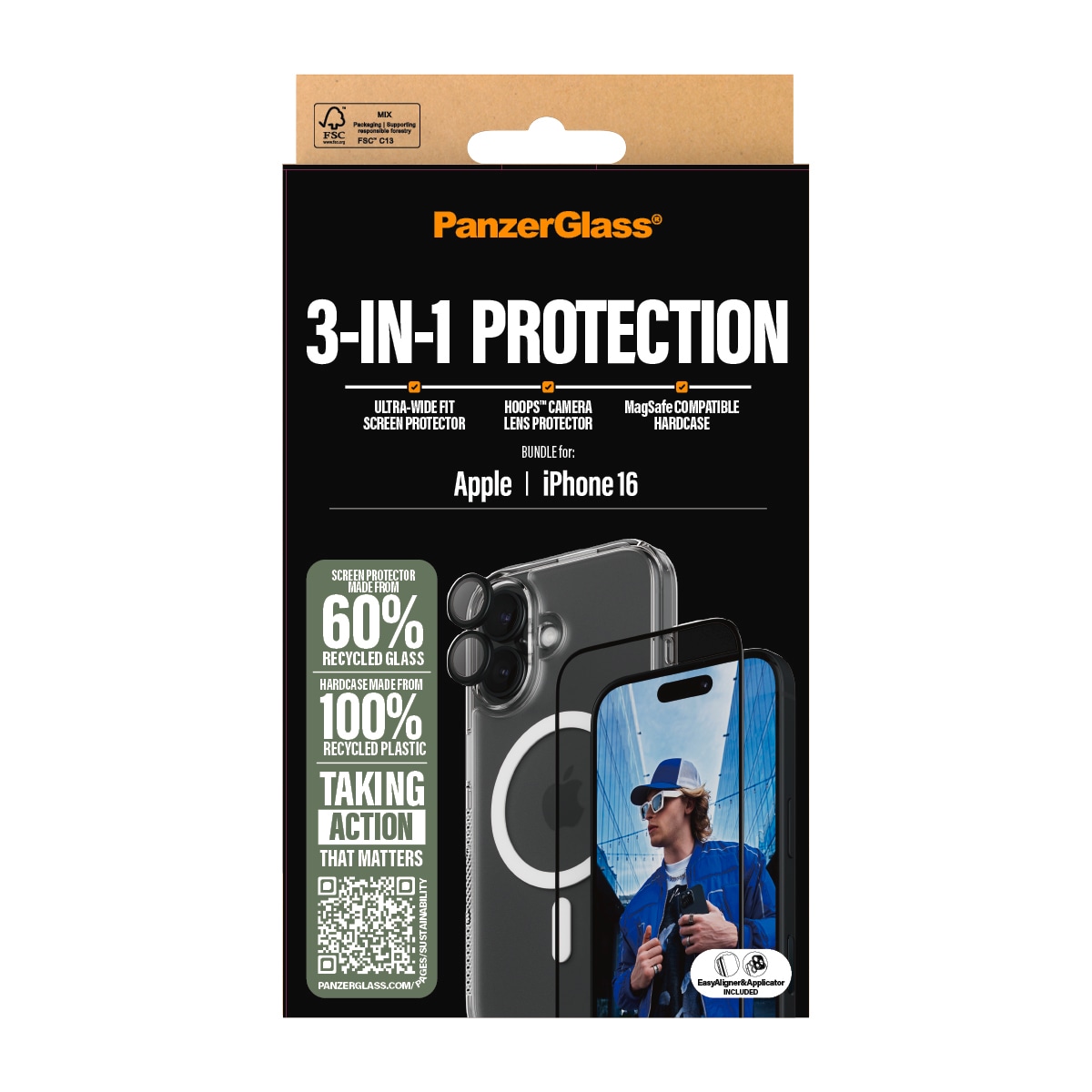 PanzerGlass Verre de protection d'écran »3-in-1 Protection« für Apple iPhone 16 Set, bestehend aus Ultra-Wide Fit Glass, Hoops, Case, 3 cuis tlg. Displayschutzfolie, Set, Kameraglas, Cover, MagSafe, kratz- & stossfest