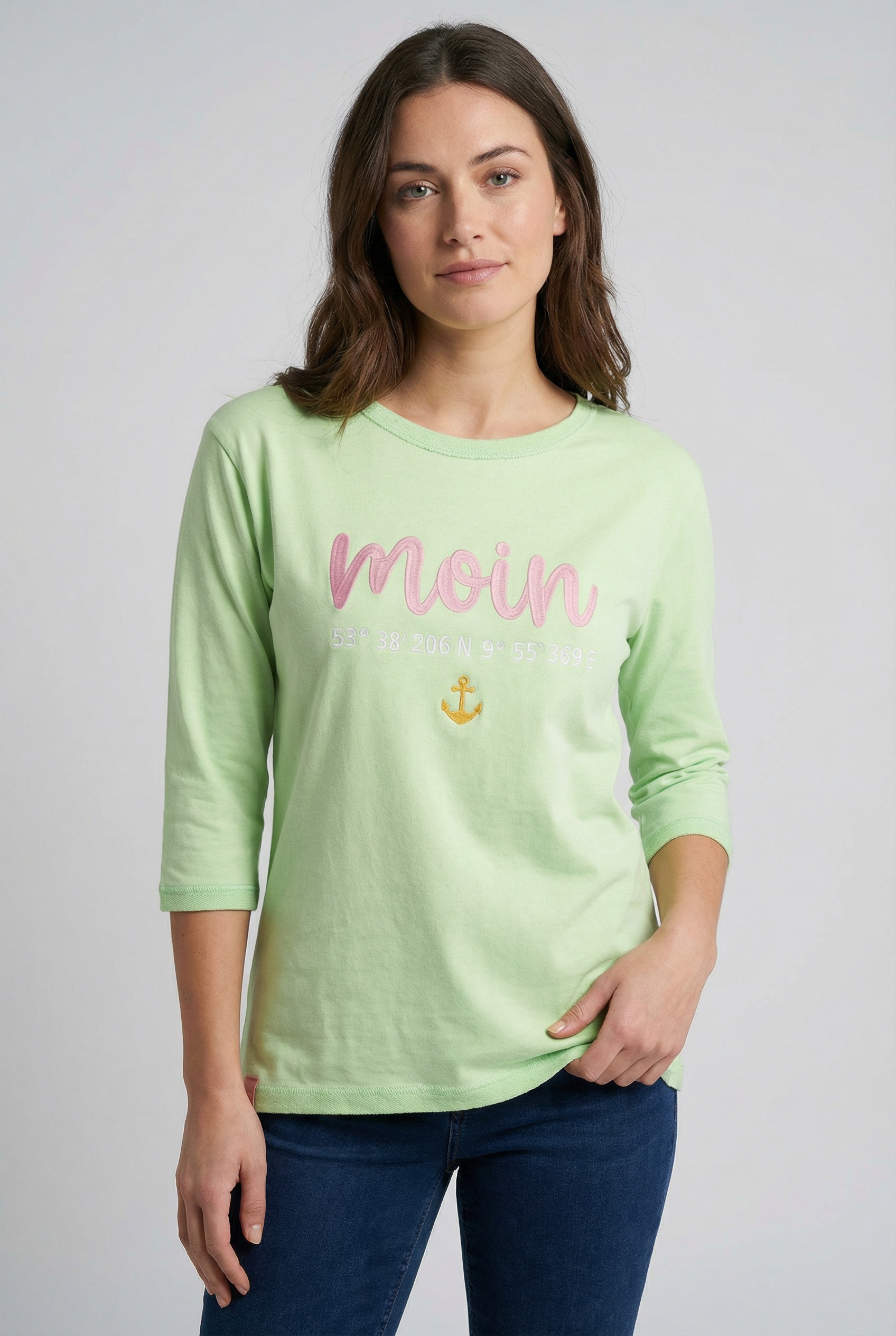 Zwillingsherz T-shirt à manches 3/4 »"Moin"« mit Moin Stickerei und Anker, ausgefranste Kanten