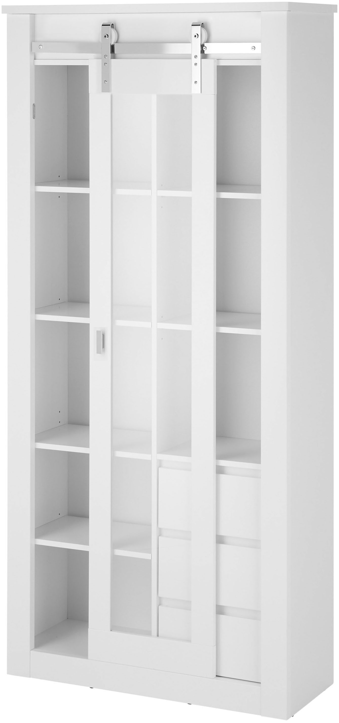 Home affaire Vitrine »Daytona, moderner Hochschrank, Glasvitrine in Weiss Hochglanz« mit Schiebetürenbeschlag in Chrom-Optik, ausreichend Stauraum