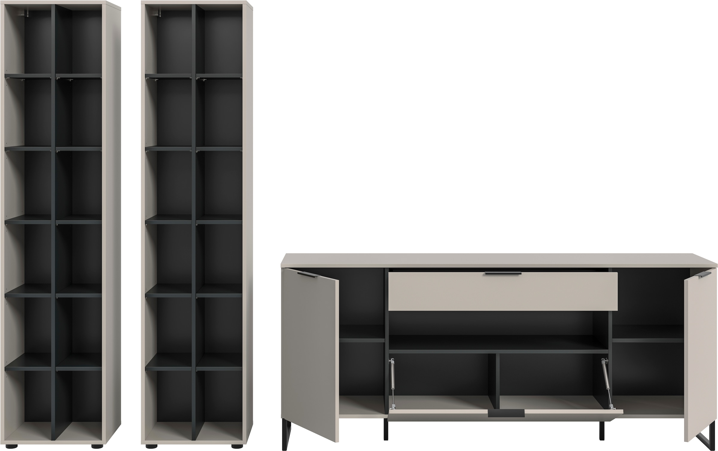 Home affaire Meuble mural »ADIO, Breite 305 cm, 3-teiliges Set, mit Metall-Kufenfüsse« Set, bestehend aus: 2x Standregal und Sideboard, 3 cuis tlg.