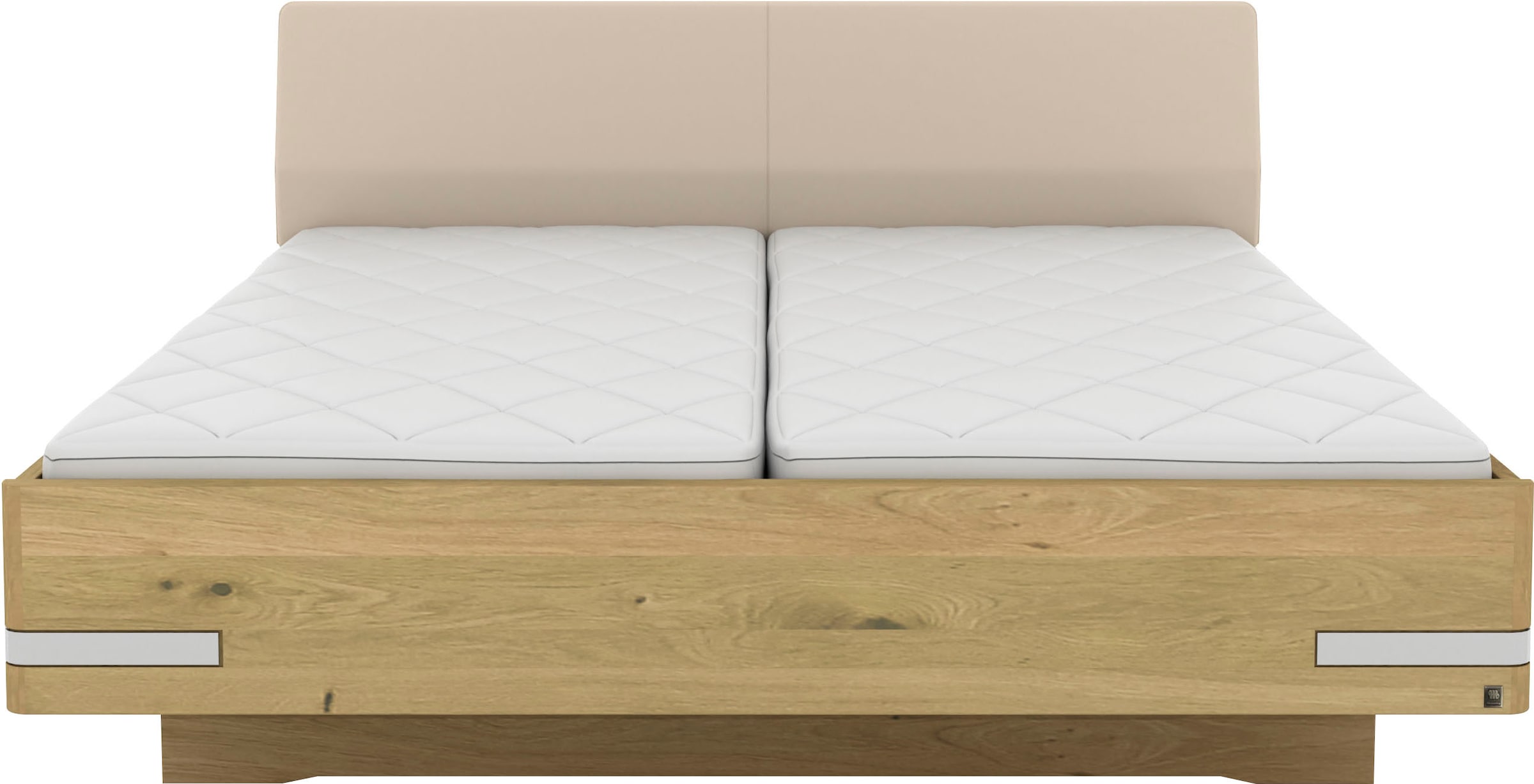 Musterring Lit en bois »Savona, Bettgestell, Bettrahmen, teilmassiv Bianco-Eiche« Capacité 220 kg, réglage 4 positions de hauteur de couchage, MADE IN GERMANY,  tête de lit en similicuir champagne, détails chromés, différentes tailles