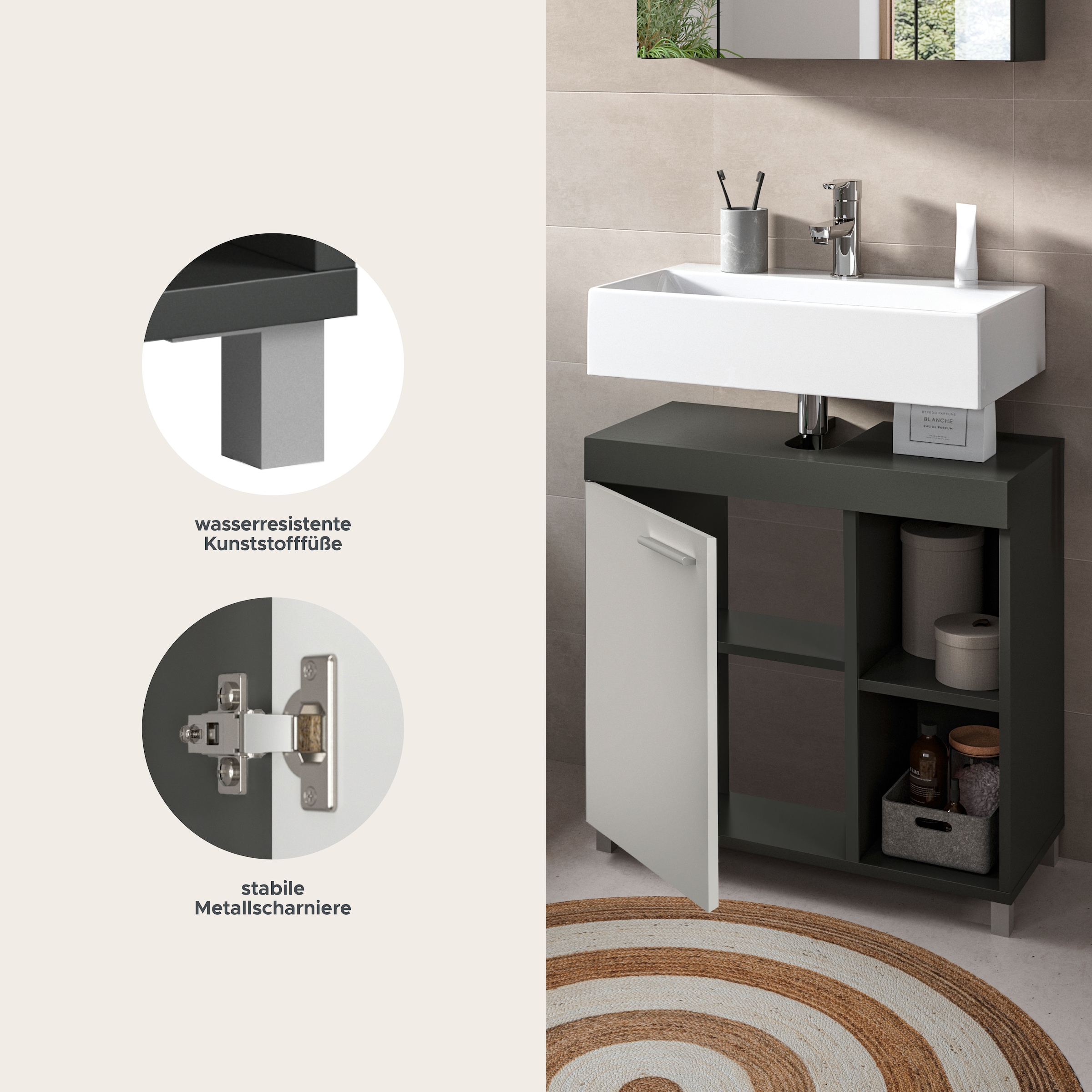 welltime Armoire sous lavabo »HANO,  Badezimmer, WBU, Waschtisch,  Kommode, Unterschrank« in 2 verschiedenen Farben und 2 verschiedenen Ausstattungen erhältlich,  1 Tür, 2 höhenverstellbare E-Böden, 4 Fächer, mit Siphonausschnitt