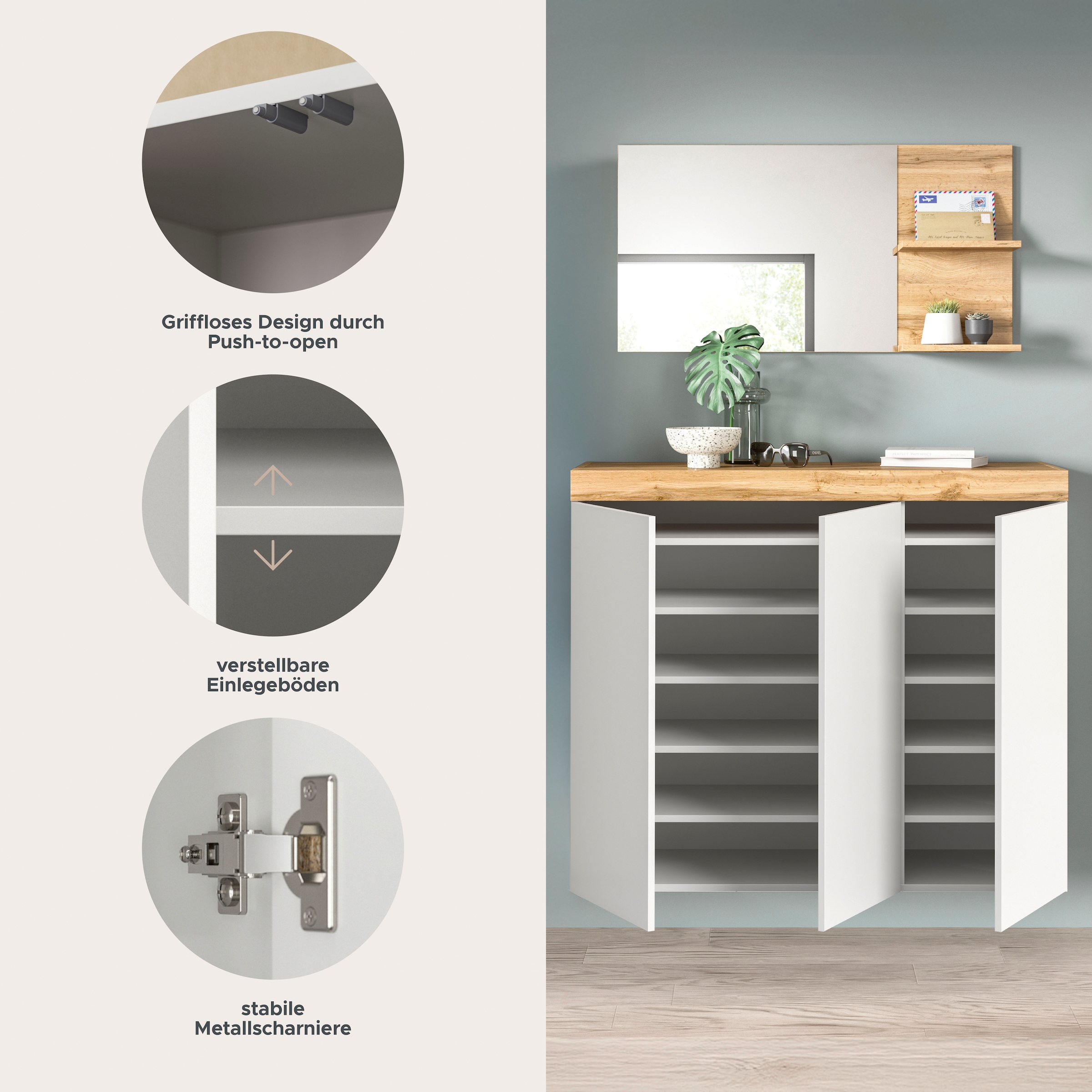 GOODproduct Garderoben-Set »MAMBO, 2-teilige Kombination, stehend & hängend montierbar« bestehend aus: Kommode, Spiegel, 2 Stk. tlg.