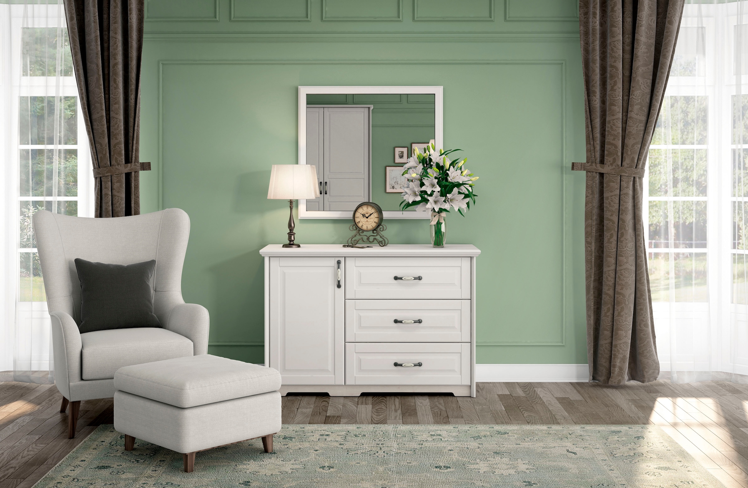 GOODproduct Kombikommode »Evergreen, Masse: B/T/H 131/48/88cm, Soft-Close-Funktion« 1-türig und 3 Schubladen,  im klassischen Landhausstil,FSC-zertifiziert,hochwertige UV Lackierung