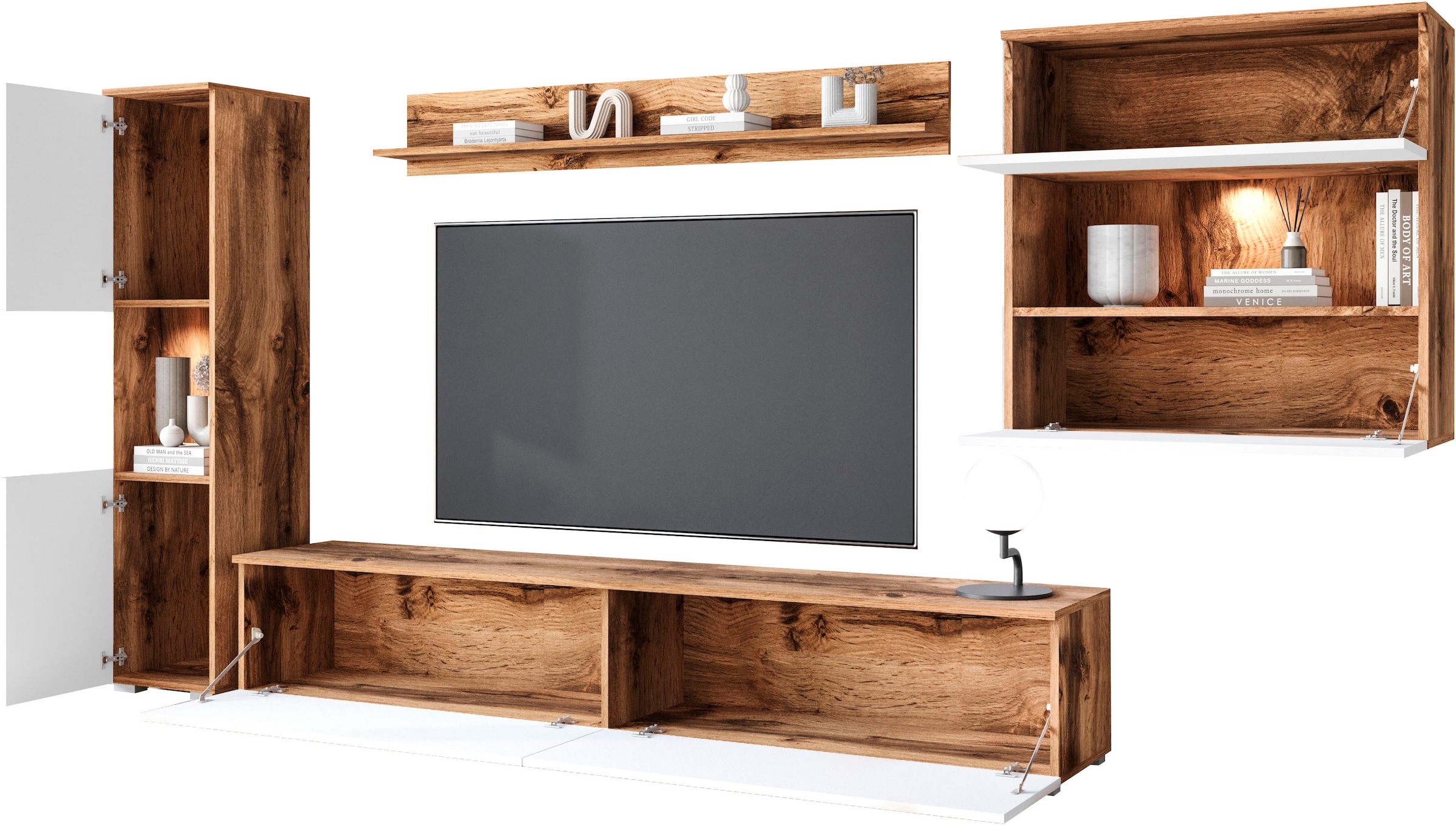 GOODproduct Wohnwand »PARIS, Vitrine Türanschlag links/rechts wechselbar« Komplett-Set, 4 Stk. tlg.
