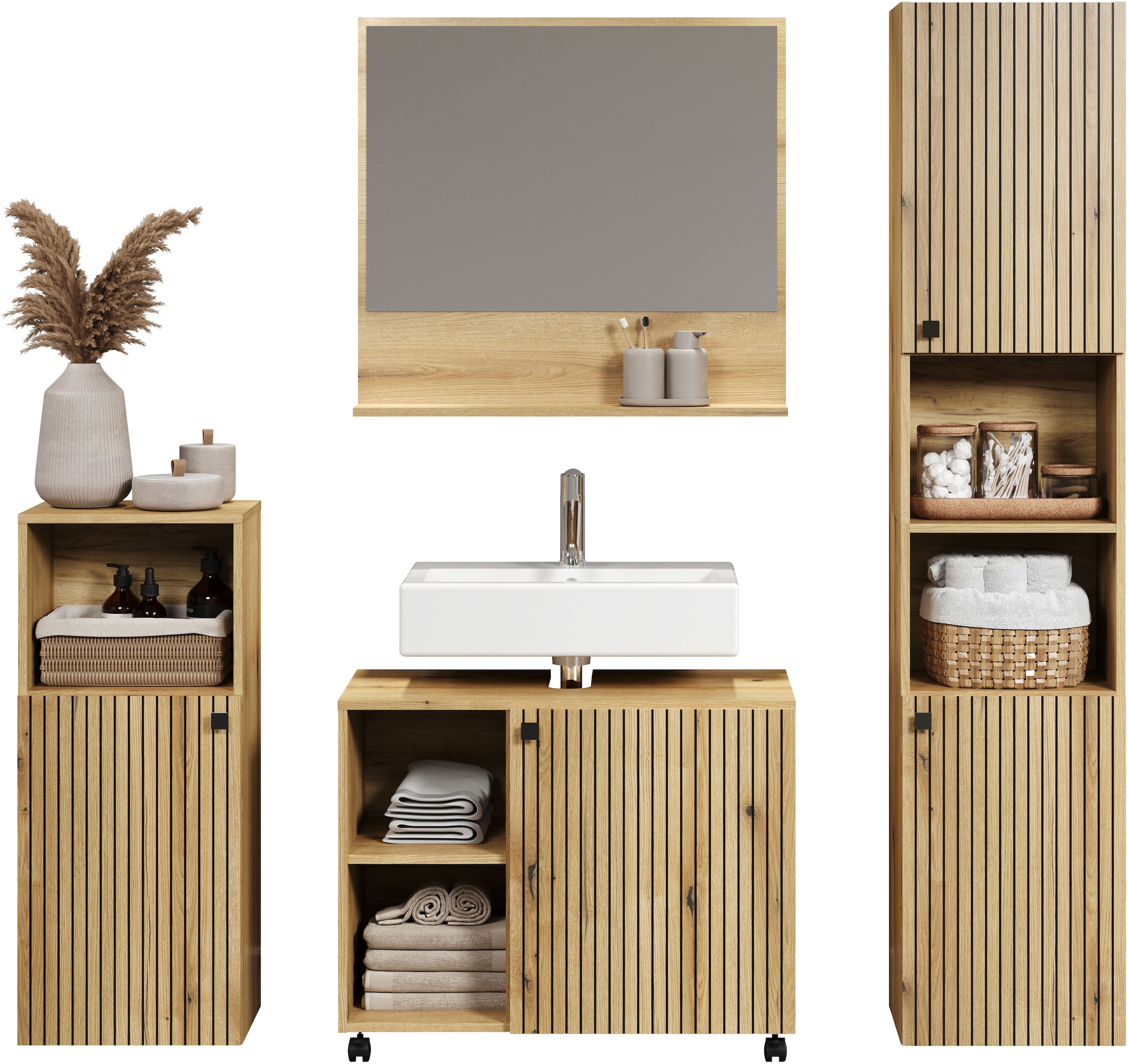 welltime Badmöbel-Set »Amrum Waschbeckenunterschrank Spiegel Hochschrank Badschrank« Komplett-Set, 4 Stk. tlg.