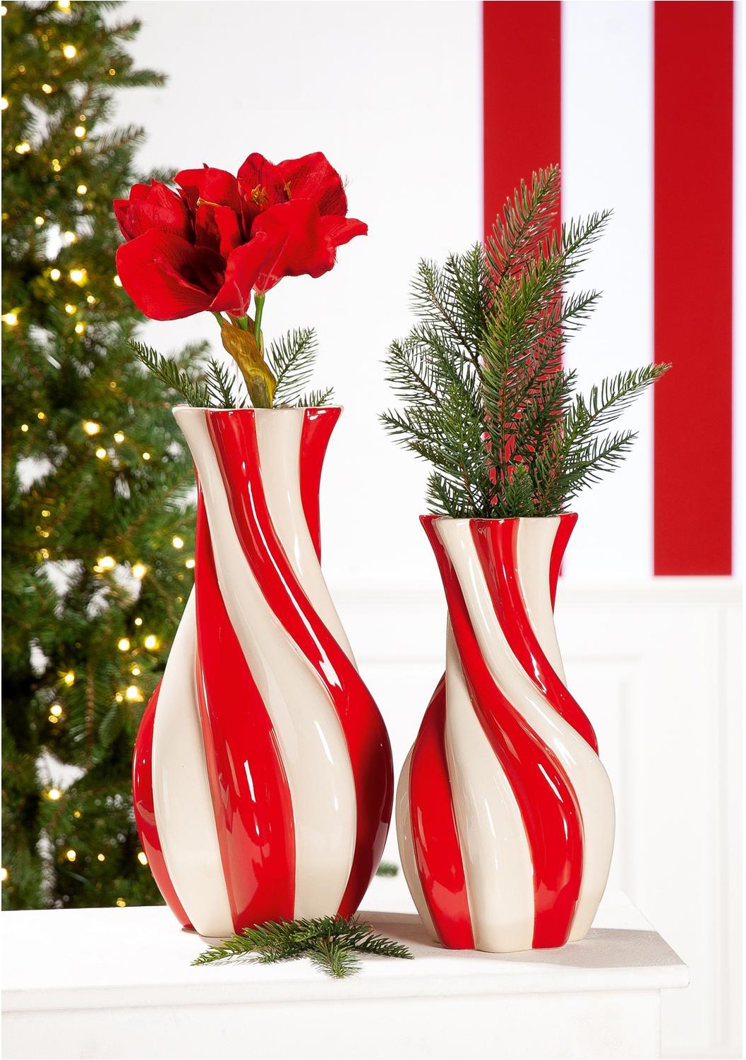 GILDE Vase de table »Vase, Kegel, "Candy", gestreift, Keramik, creme, rot« Vase Candy, vase décoratif moderne, tendance, objet accroche-regard, idée cadeau