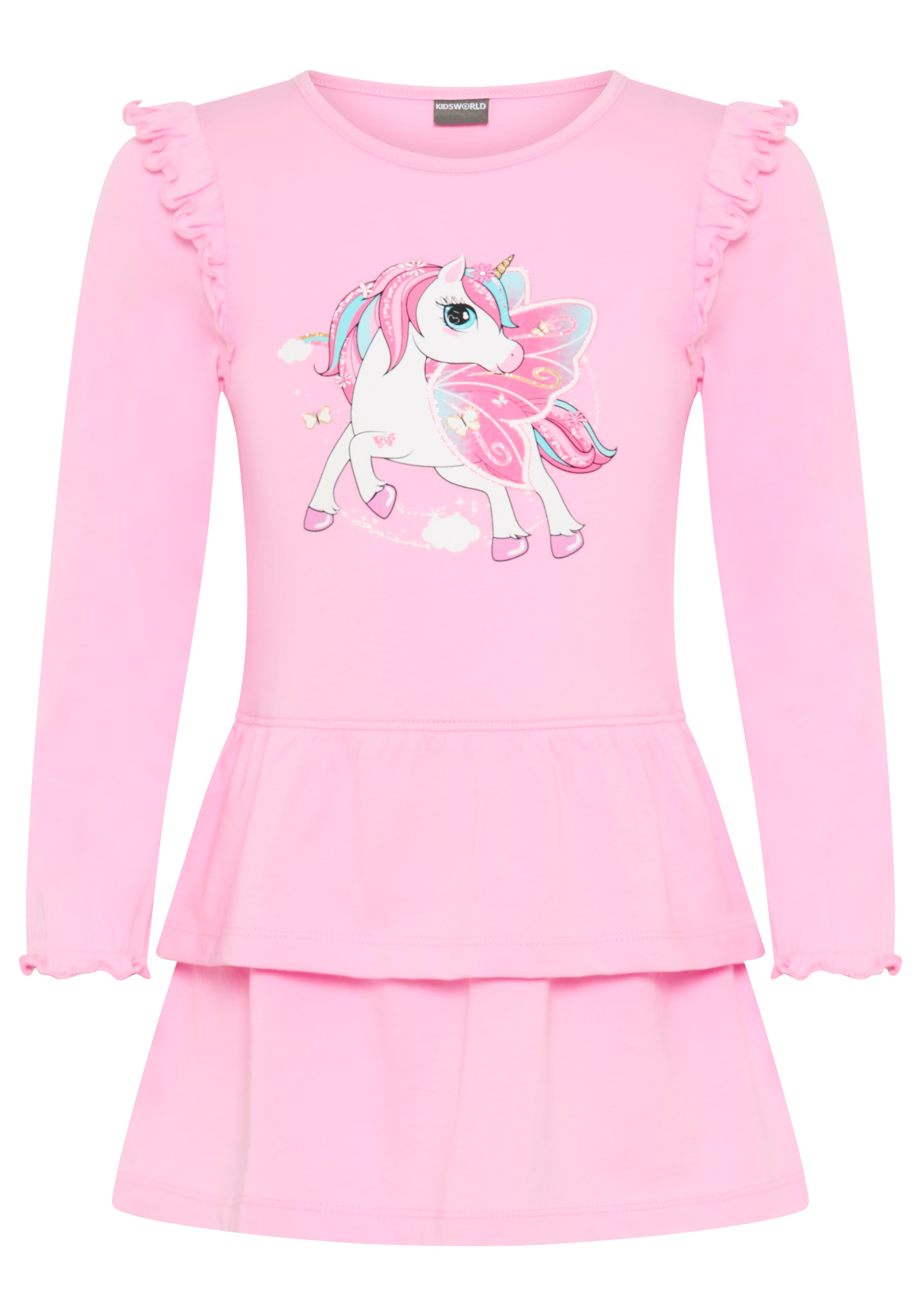 KIDSWORLD Robe en jersey »Süsses Shirtkleide mit Einhorn-Druck« pour filles, en single jersey de coton