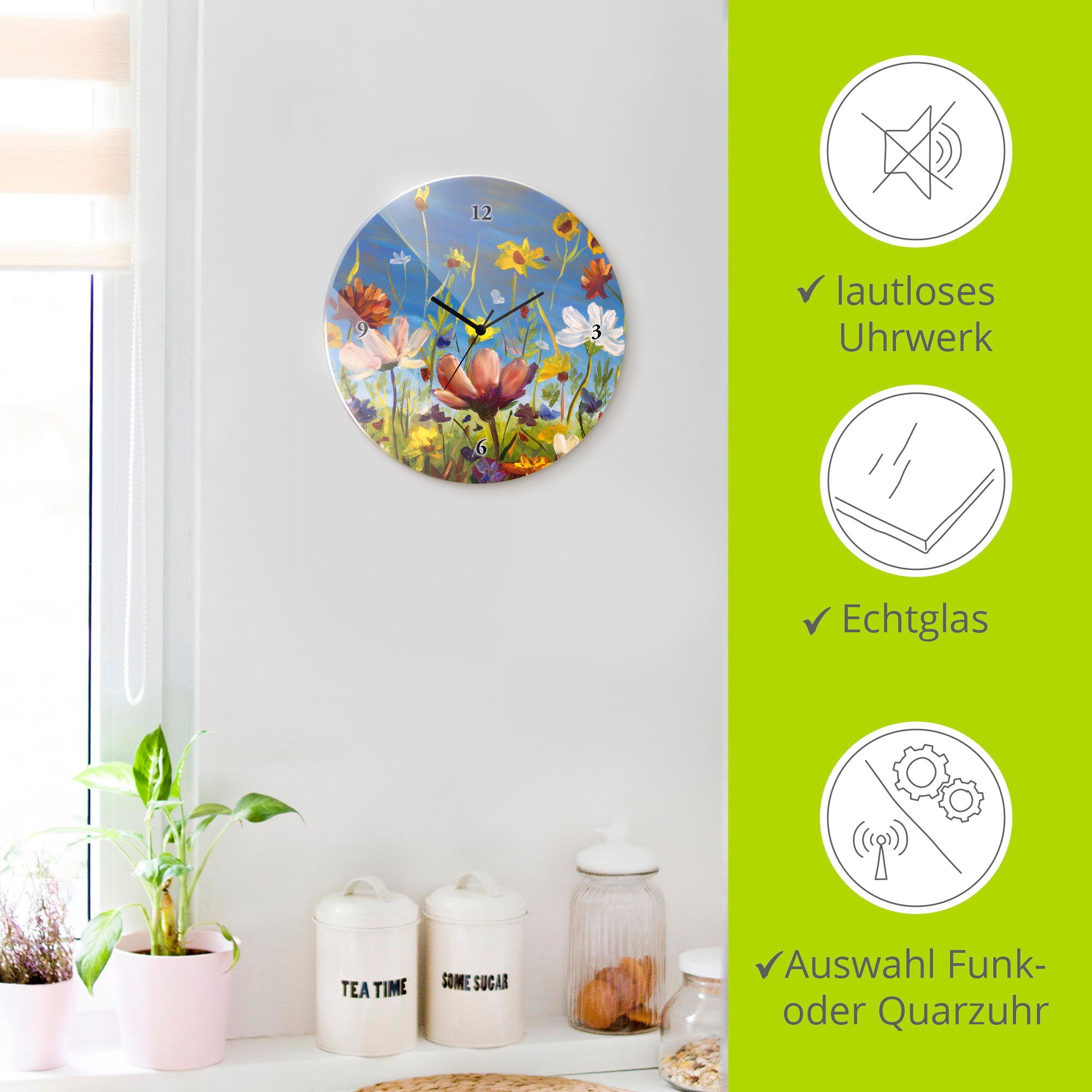 Artland Wanduhr »Glasuhr rund Wildblumenwiese« wahlweise mit  Quarz- oder Funkuhrwerk, lautlos ohne Tickgeräusche