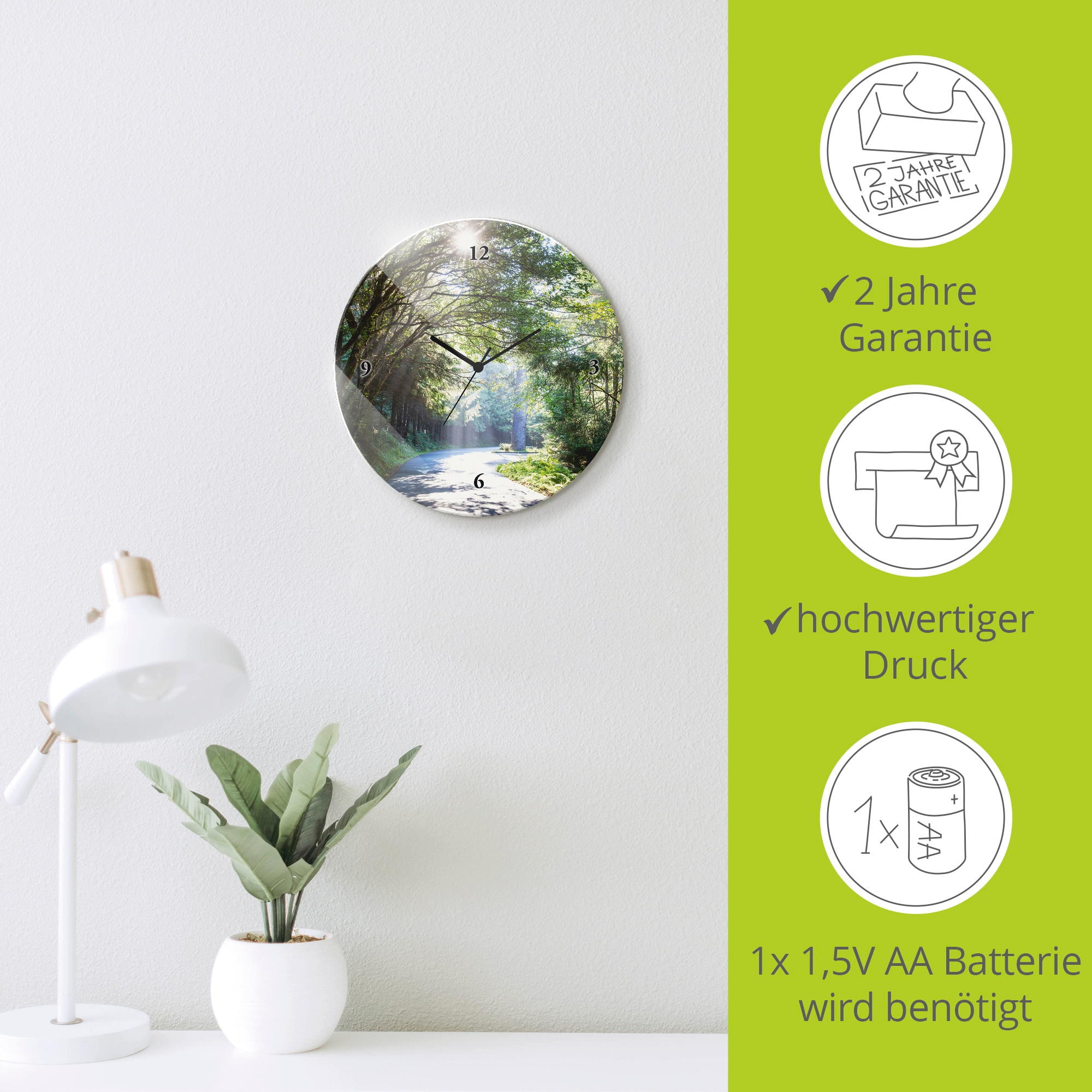 Artland Wanduhr »Glasuhr rund Sonniger Wald« wahlweise mit Quarz- oder Funkuhrwerk, lautlos ohne Tickgeräusche