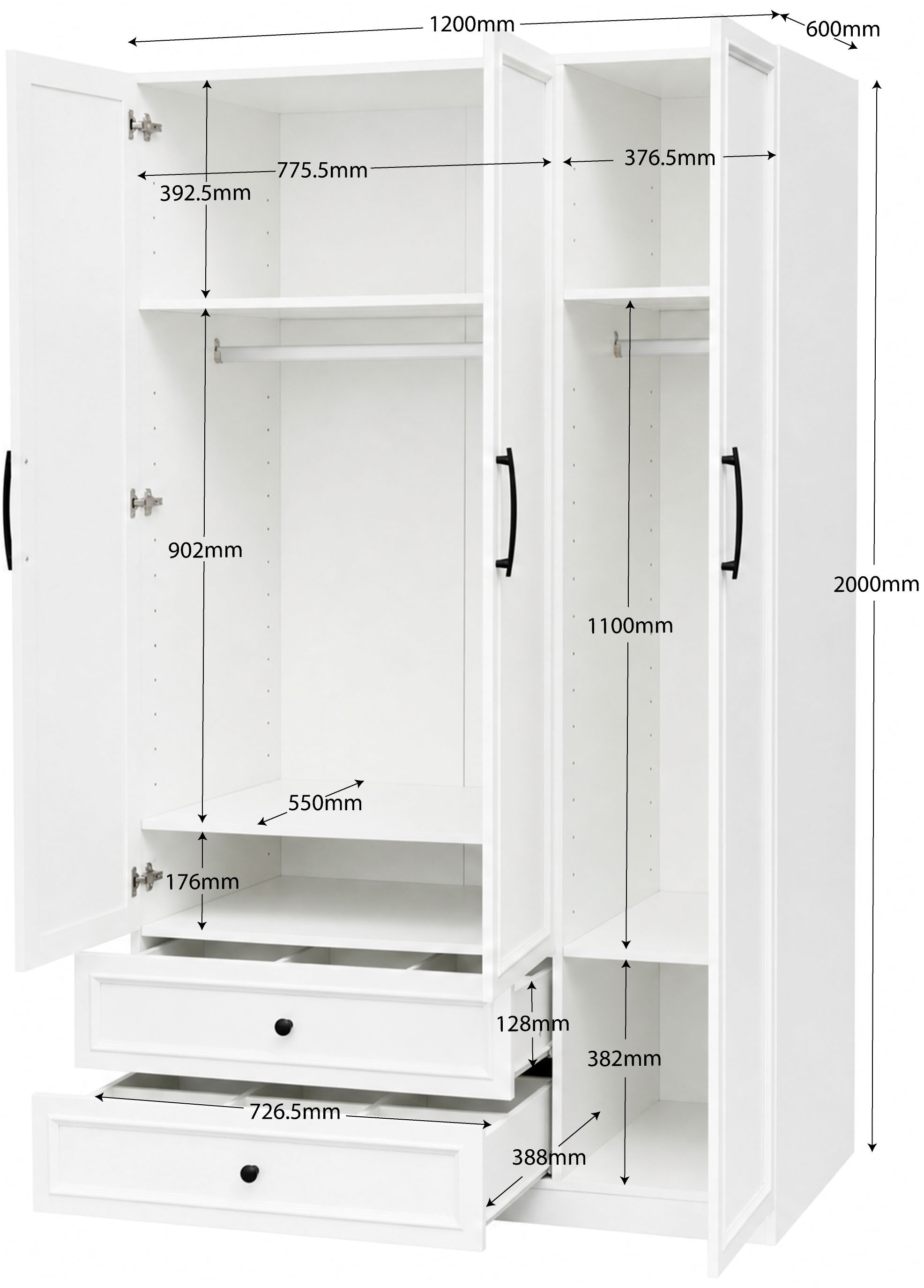 GOODproduct Kleiderschrank »Arrian 120 cm Weiss | 3-türiger Drehtürenschrank im Landhausstil« Zeitloses Landhausdesign trifft auf durchdachte Stauraumlösungen