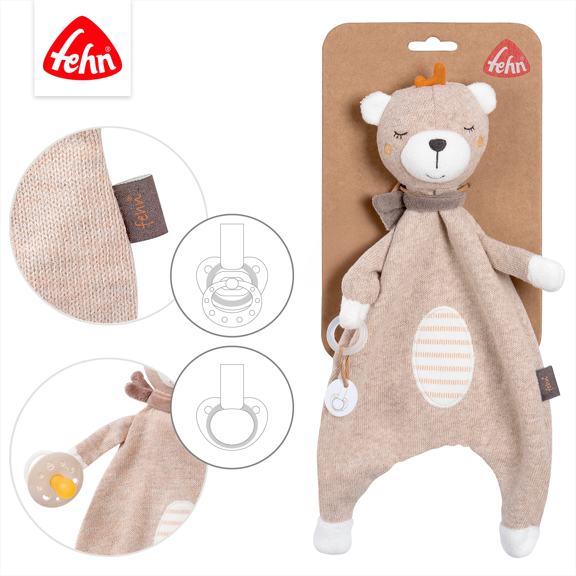 Fehn Doudou »Schmusetuch Teddy« avec attache-sucette