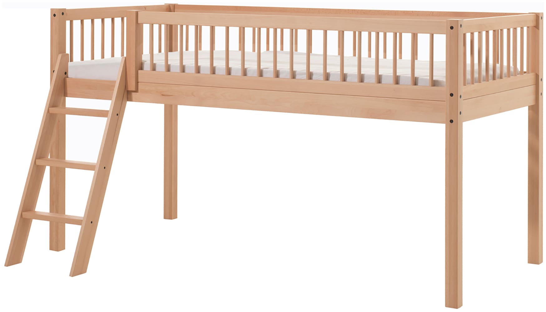 Vipack Lit de jeu »Forrest, Absturzschutz mit Sprossen-Optik, Pfostenstärken ca. 50x50mm« Hêtre laqué naturel, construction stable et de qualité, avec sommier à lattes,  90/200 cm, espace de jeu sous le lit, 2 ensembles textiles au choix