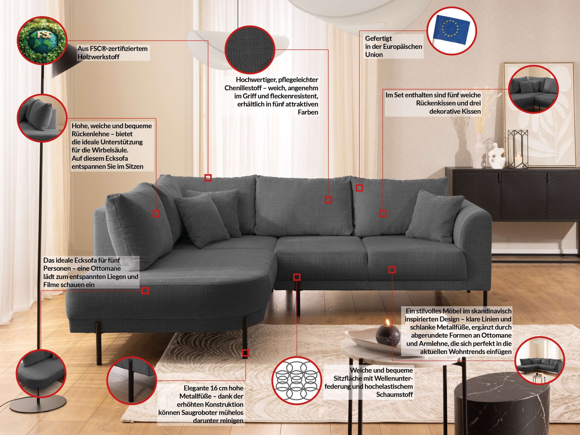 Home affaire Canapé d'angle »NELLIA L-Form mit Ottomane rechts oder links bestellbar, Breite 231 cm« enthält 5 Rückenkissen, angenehmen Sitzkomfort, belastbar bis 480kg