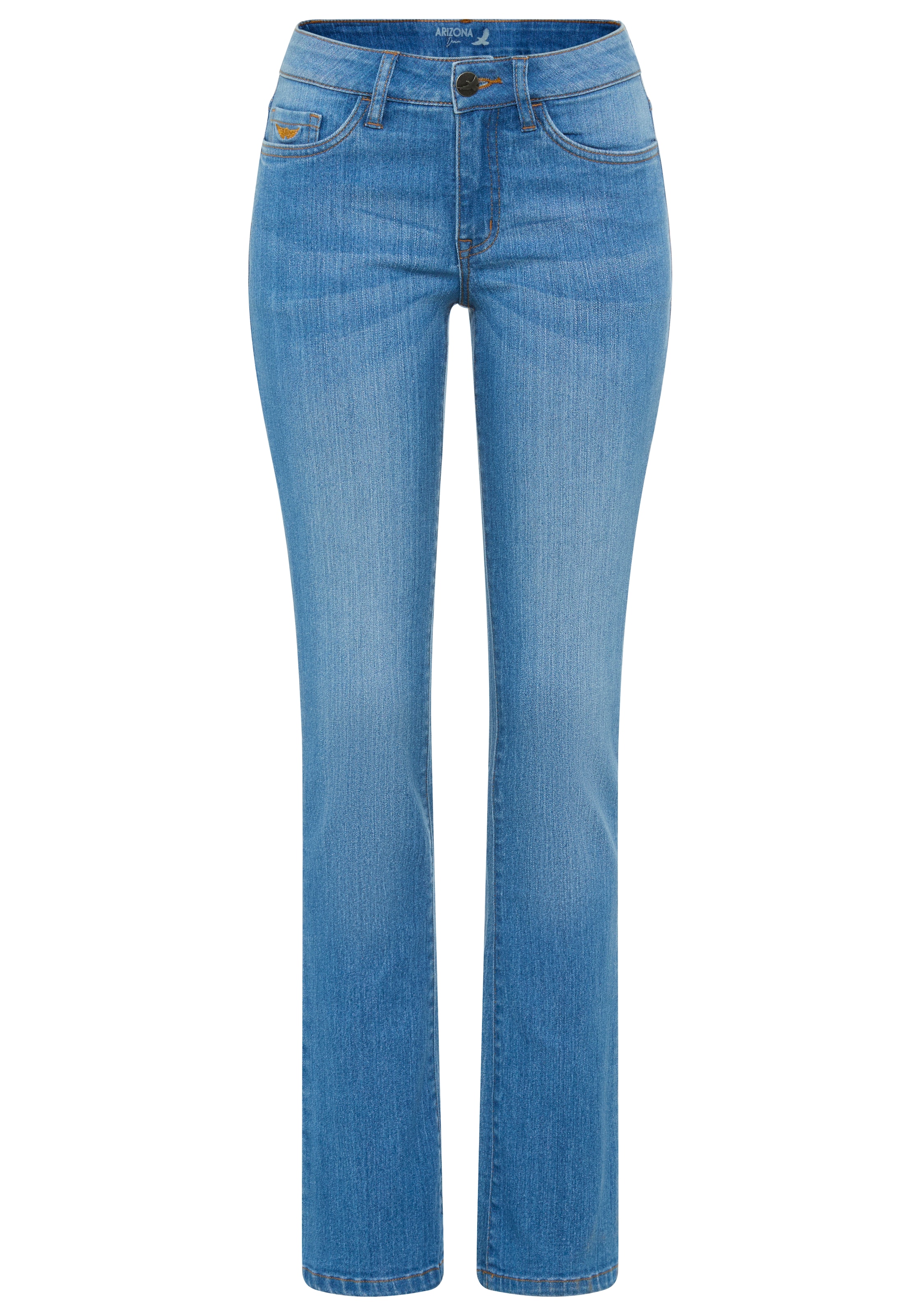 Arizona Bootcut-Jeans »Baby-Boot« Bootcut-Stil, figurbetonte Passform, mit Used-Effekten