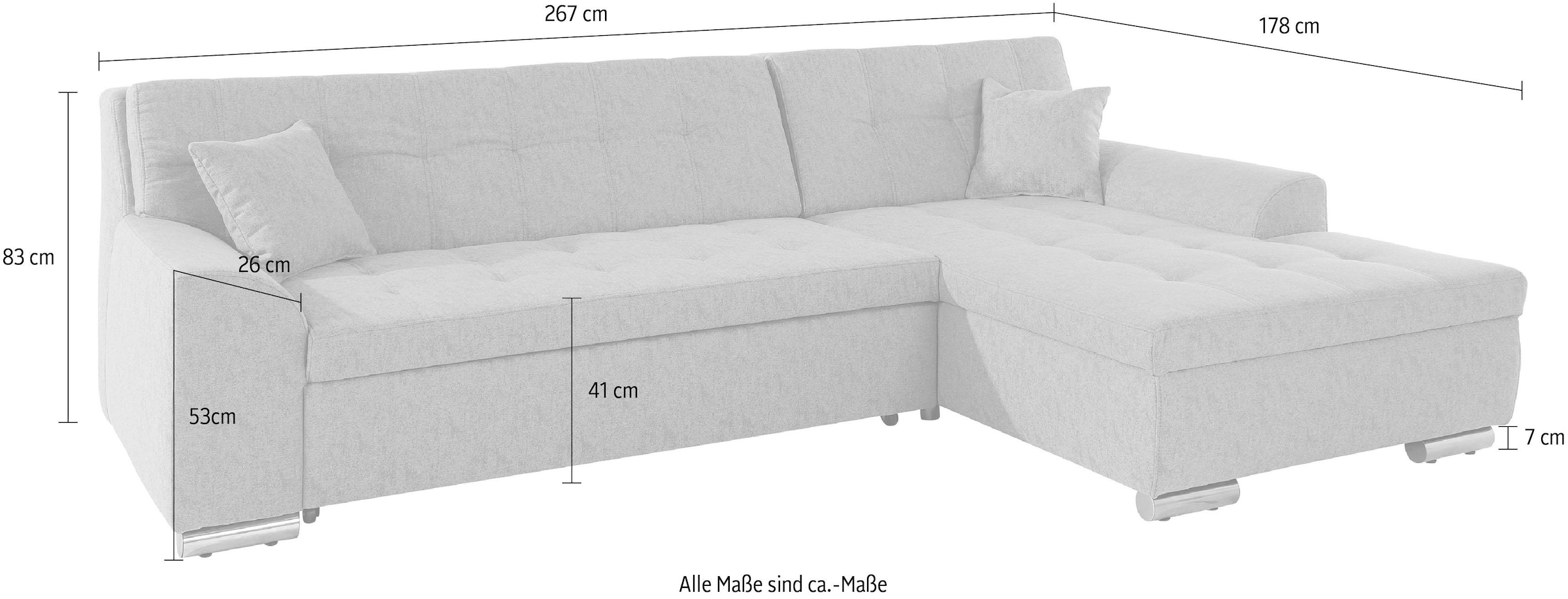 DOMO collection Canapé d'angle »Aversa, moderne Steppung, geschwungene Armlehnen, Breite 267cm« L-Form, wahlweise mit Bettfunktion
