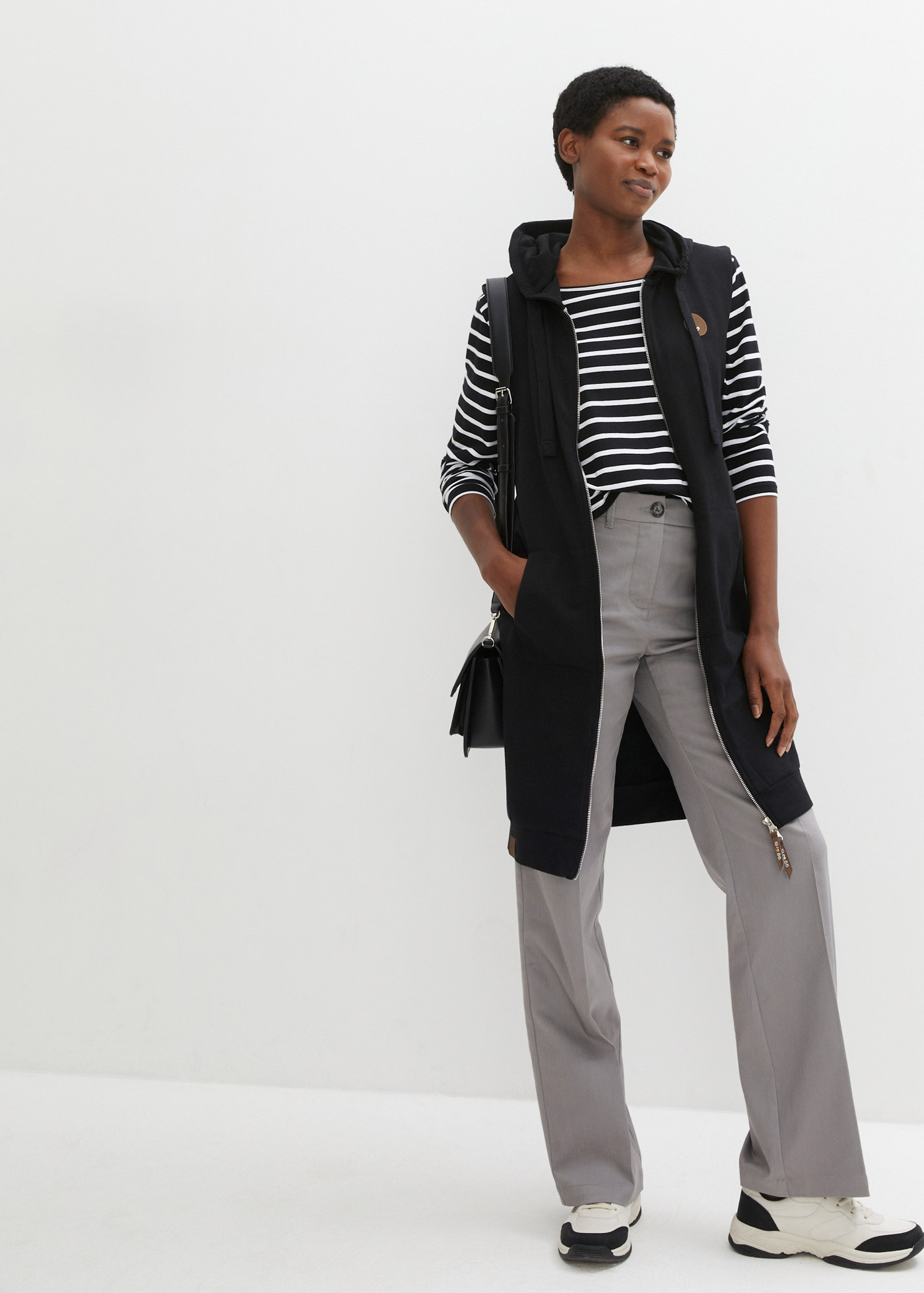 bonprix Gilet de sweat lange Weste mit Kapuze, Baumwoll-Mischung, 2-Wege-Zipper