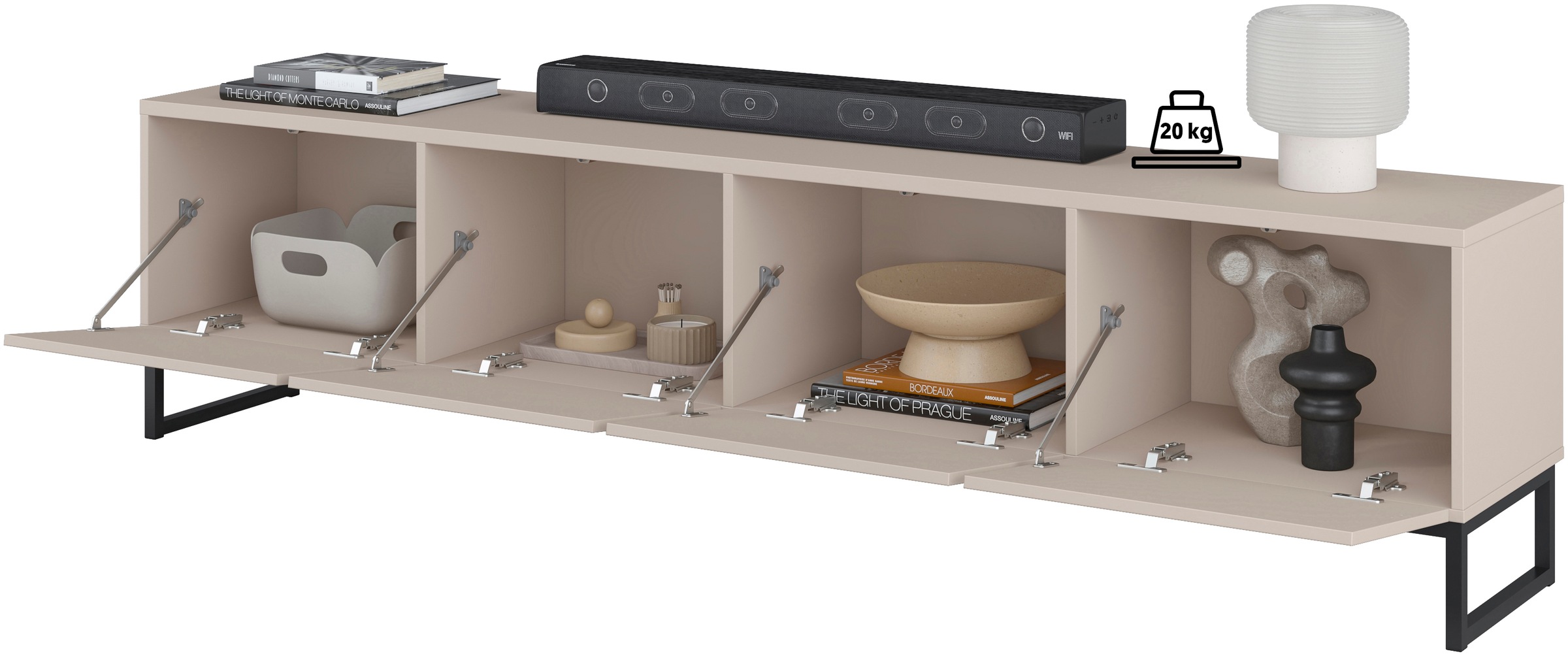 Home affaire Lowboard »Alto, Breite 208,5 cm, TV-Board mit 4 Klappen, push-to-open« TV-Kommode mit viel Stauraum, push-to-open-Funktion, Metallkufen