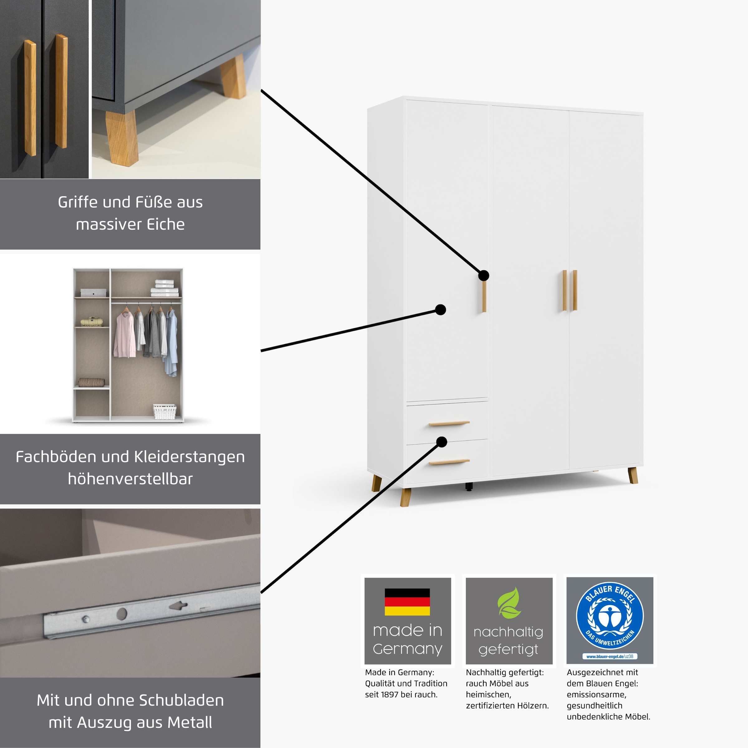 rauch Drehtürenschrank »Kleiderschrank Schrank Garderobe SHINJO Breiten 93/140/187 cm« in 3 verschiedenen Ausstattungen BASIC/CLASSIC/PREMIUM,  Griffe und Füsse aus Massivholz, viel Stauraum MADE IN GERMANY