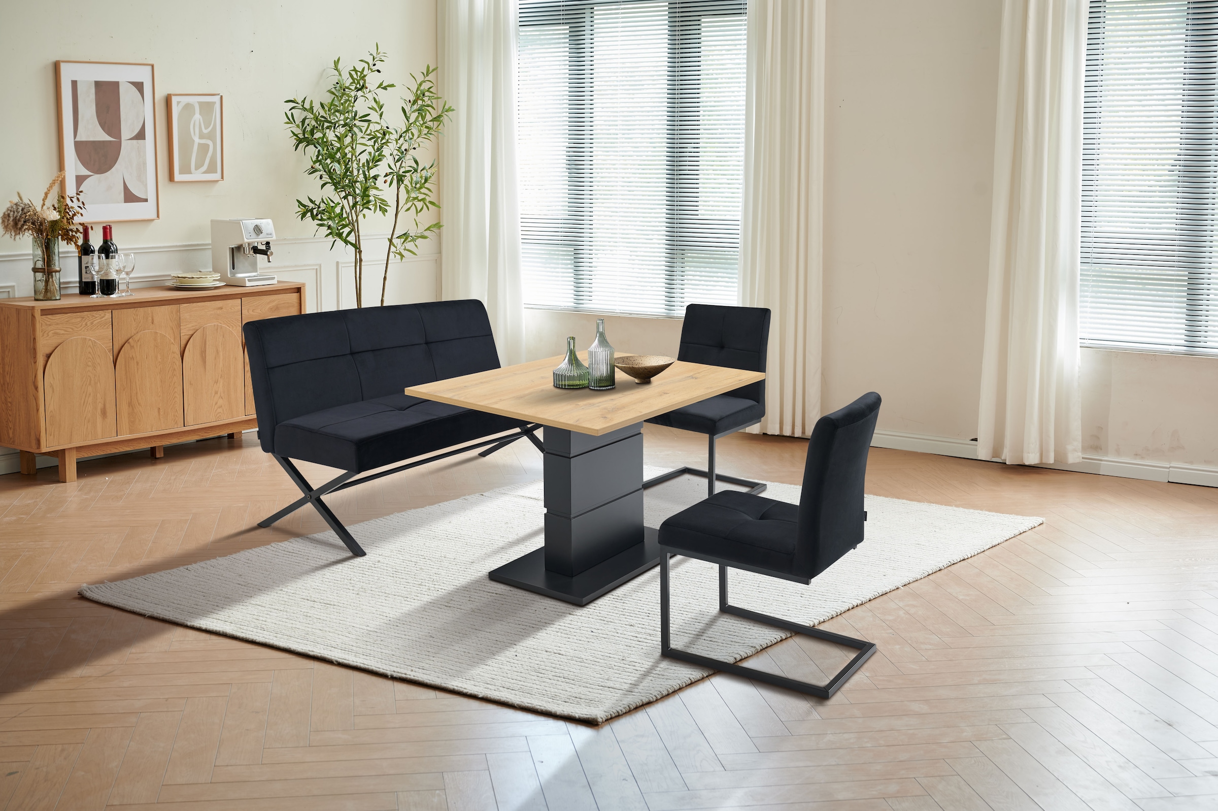 GOODproduct Banc rembourré »Narzisse« Banquette de salle à manger, banc, banquette,  Structure en X en métal noir, velours facile d'entretien, 140 cm