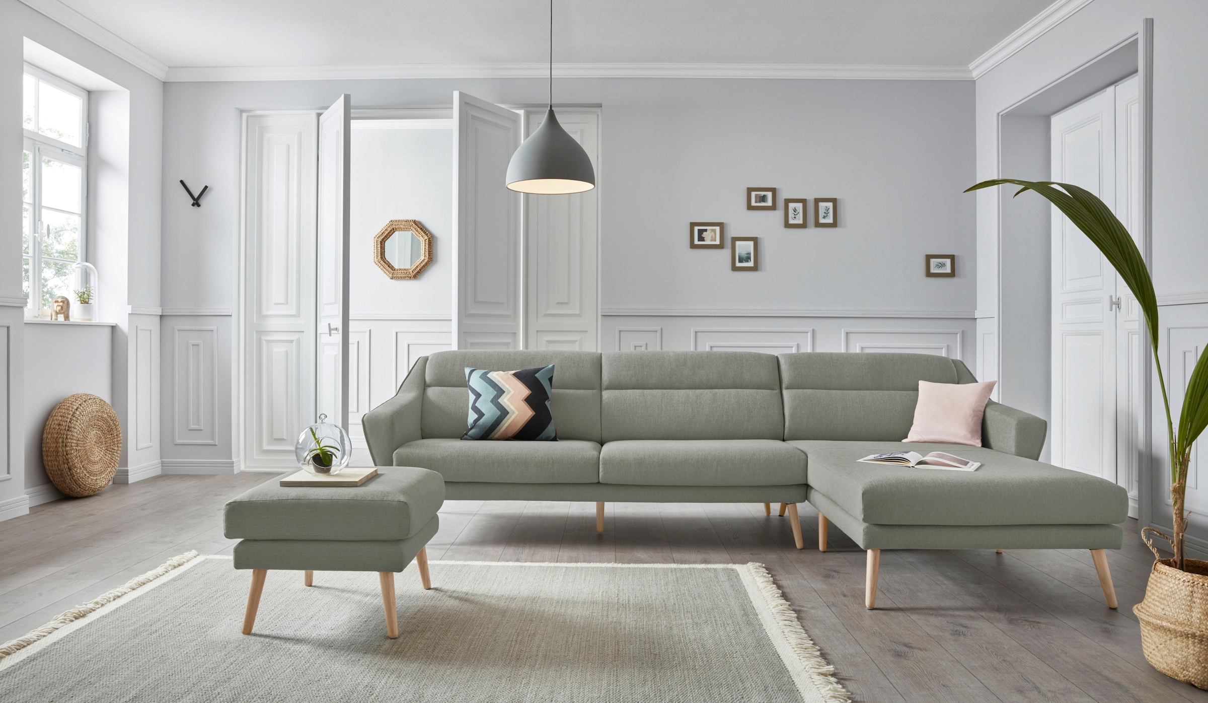 GOODproduct Ecksofa »Bille L-Form« mit Naht im Rückenkissen und Beinen aus Eichenholz