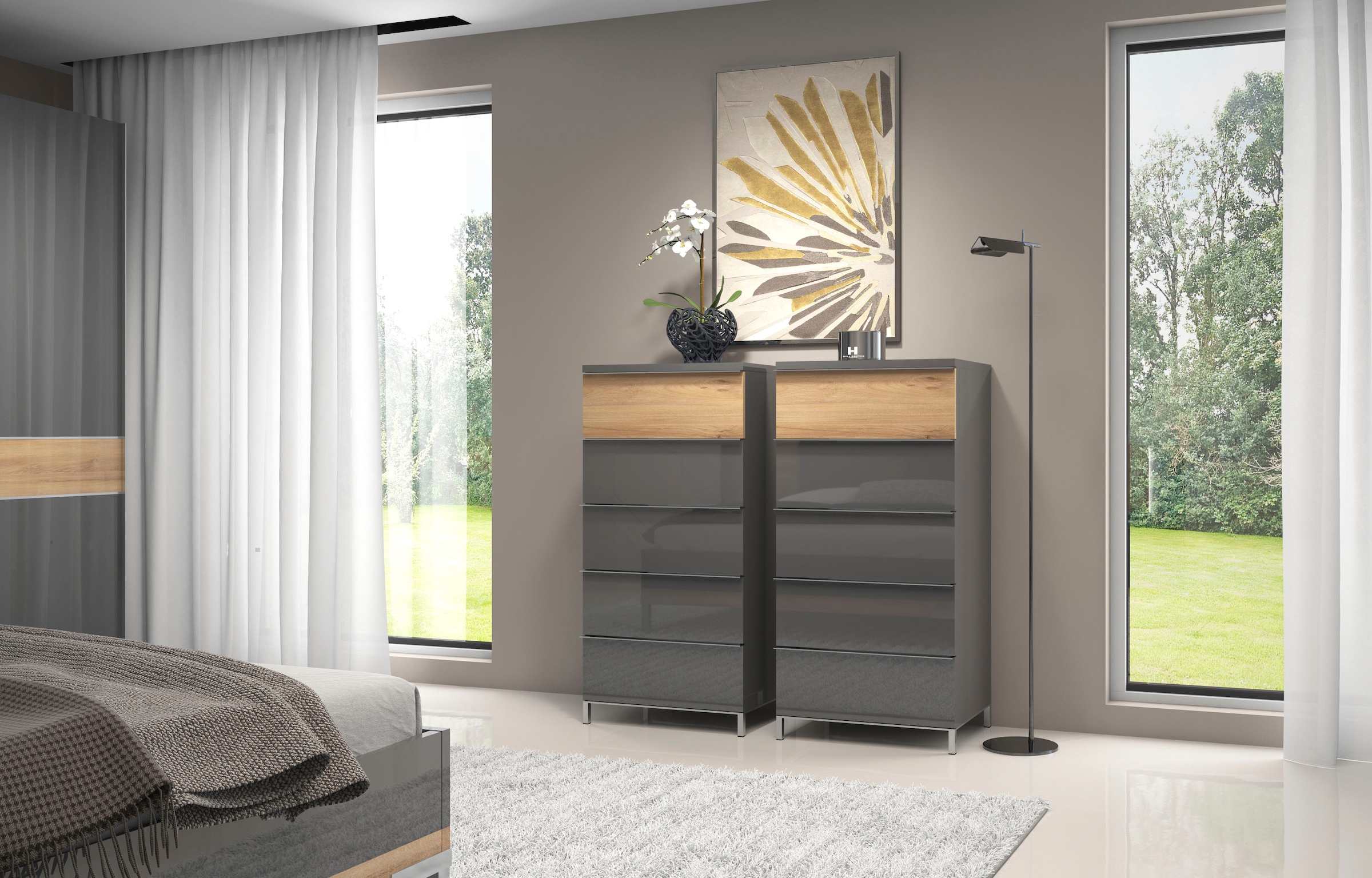 GOODproduct Buffet haut »Onyx, hohe Kommode mit 5 Schubladen, UV Lackierung Hochglanz« Matériau bois certifié FSC®,  commode à tiroirs avec fonction soft-close, dimensions (L/P/H) 60/45/123cm
