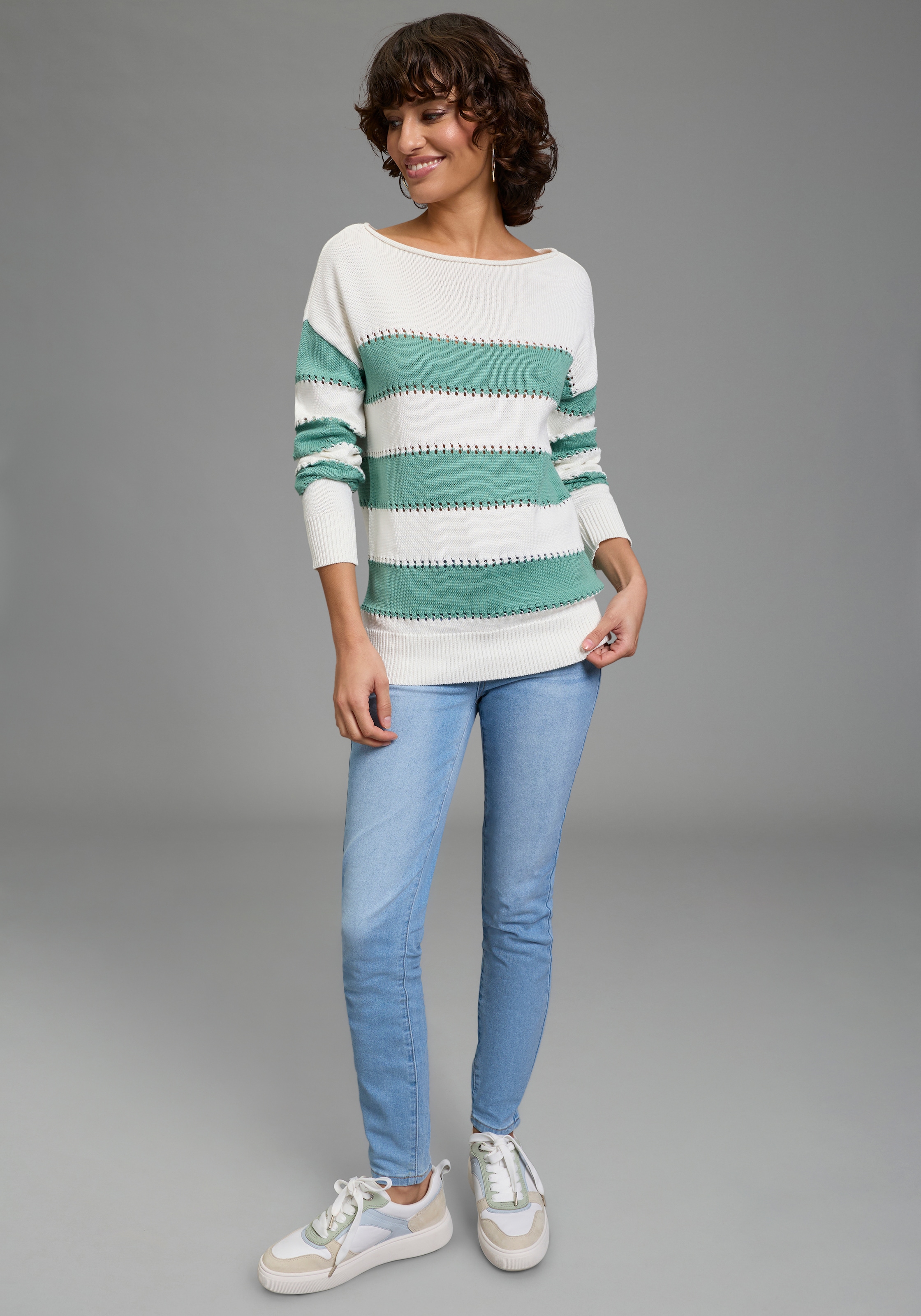 Laura Scott Streifenpullover leichter Sommerpullover mit modernem Lochmuster