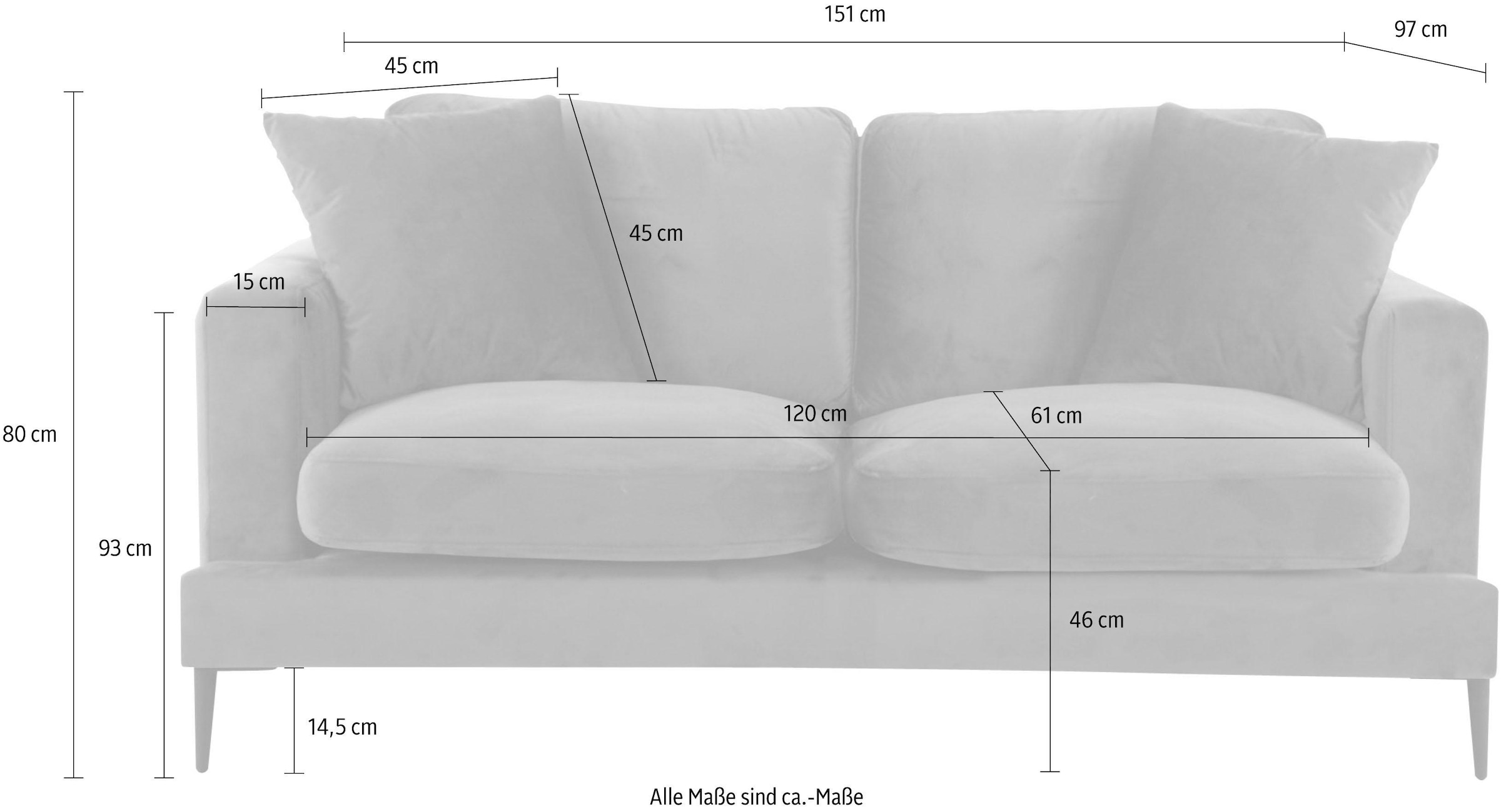 Home affaire 2-Sitzer »Cozy elegantes Designsofa, Masse B/T/H: 151/97/80 cm« mit losen Kissen und Metallbeinen
