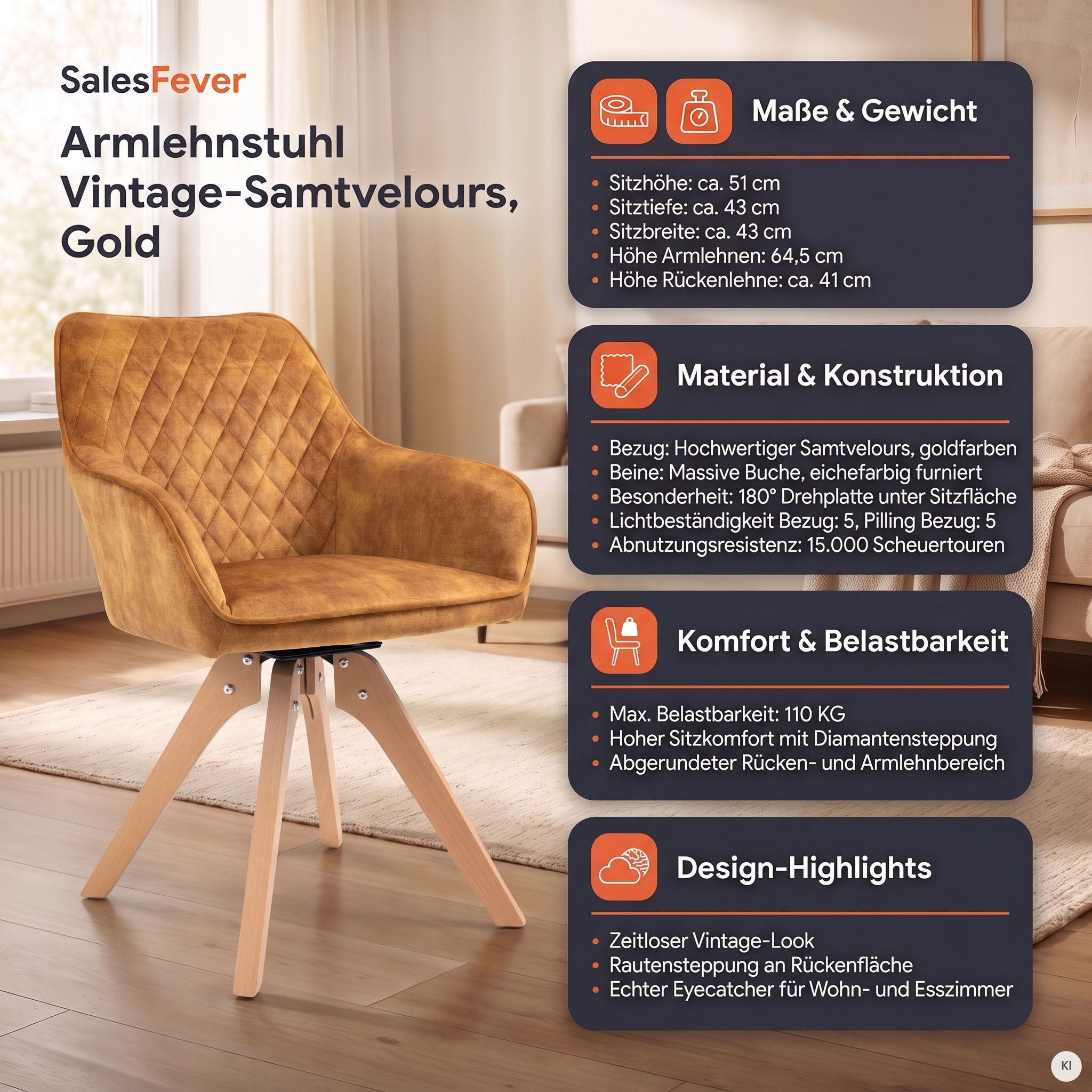 SalesFever Chaise avec accoudoirs »Växjö - Esszimmerstuhl Komfort und Stil« () 1 cuisConfort d'assise redéfini : plaque tournante à 180° incluse!