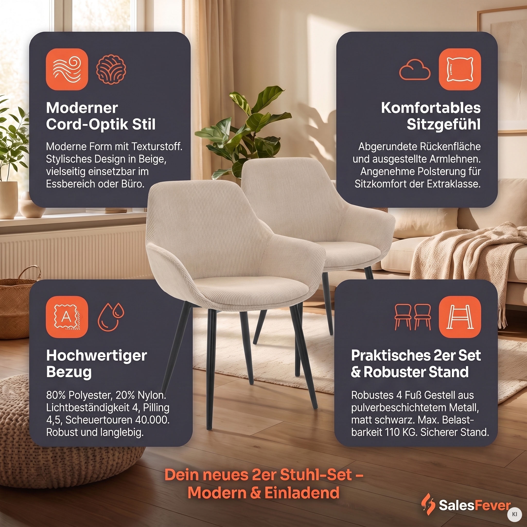 SalesFever Chaise avec accoudoirs »Komfortabler Esszimmerstuhl im zeitlosen Design« (Ensemble) 2 cuisrevêtement aspect velours côtelé