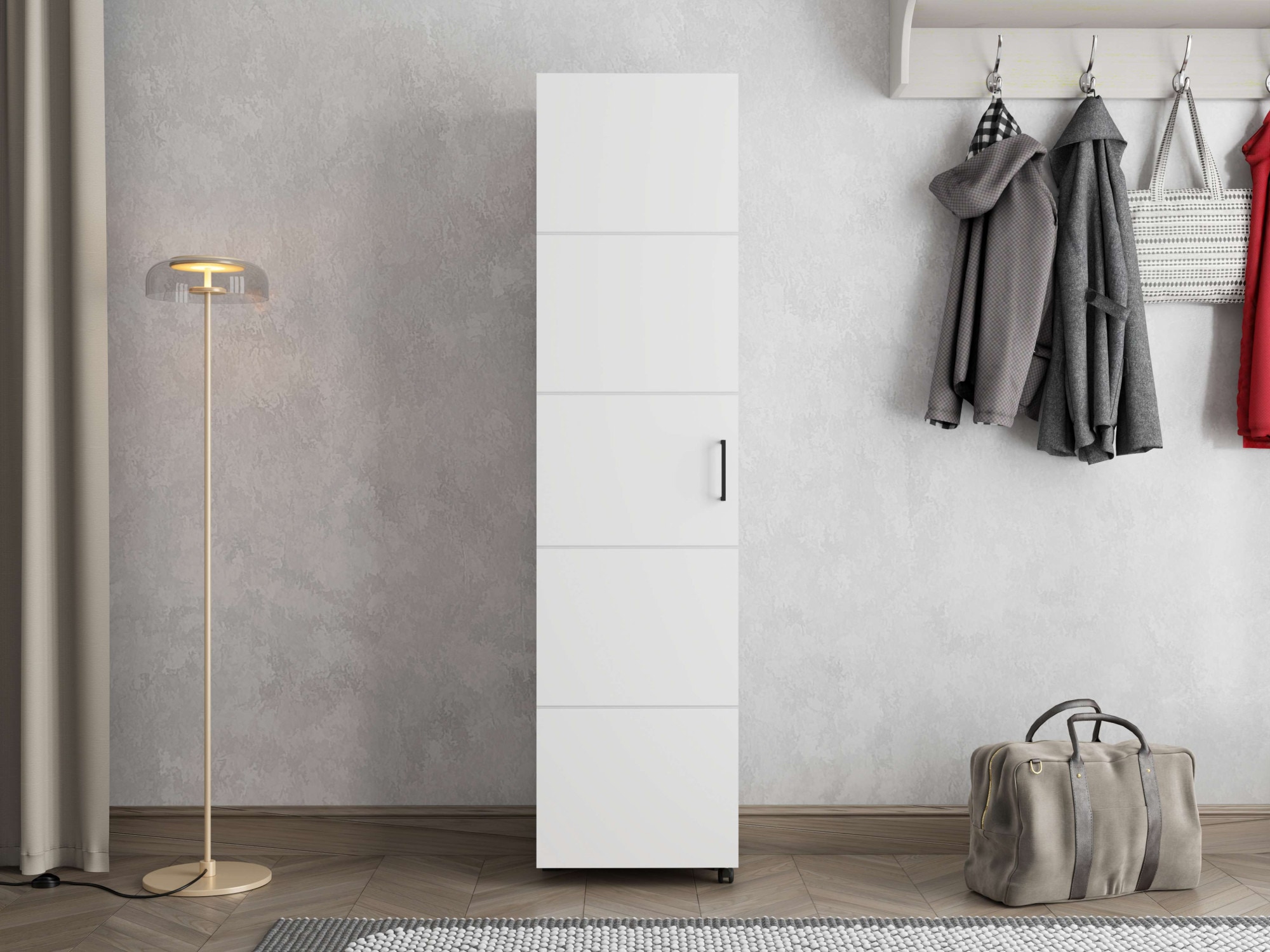 Home affaire Armoire à chaussures »Islay, Drehtür auf Rollen, B/T/H: 45,6/32,4/184,4 cm« Commode à chaussures avec place pour environ 20 paires de chaussures jusqu'à la taille 40