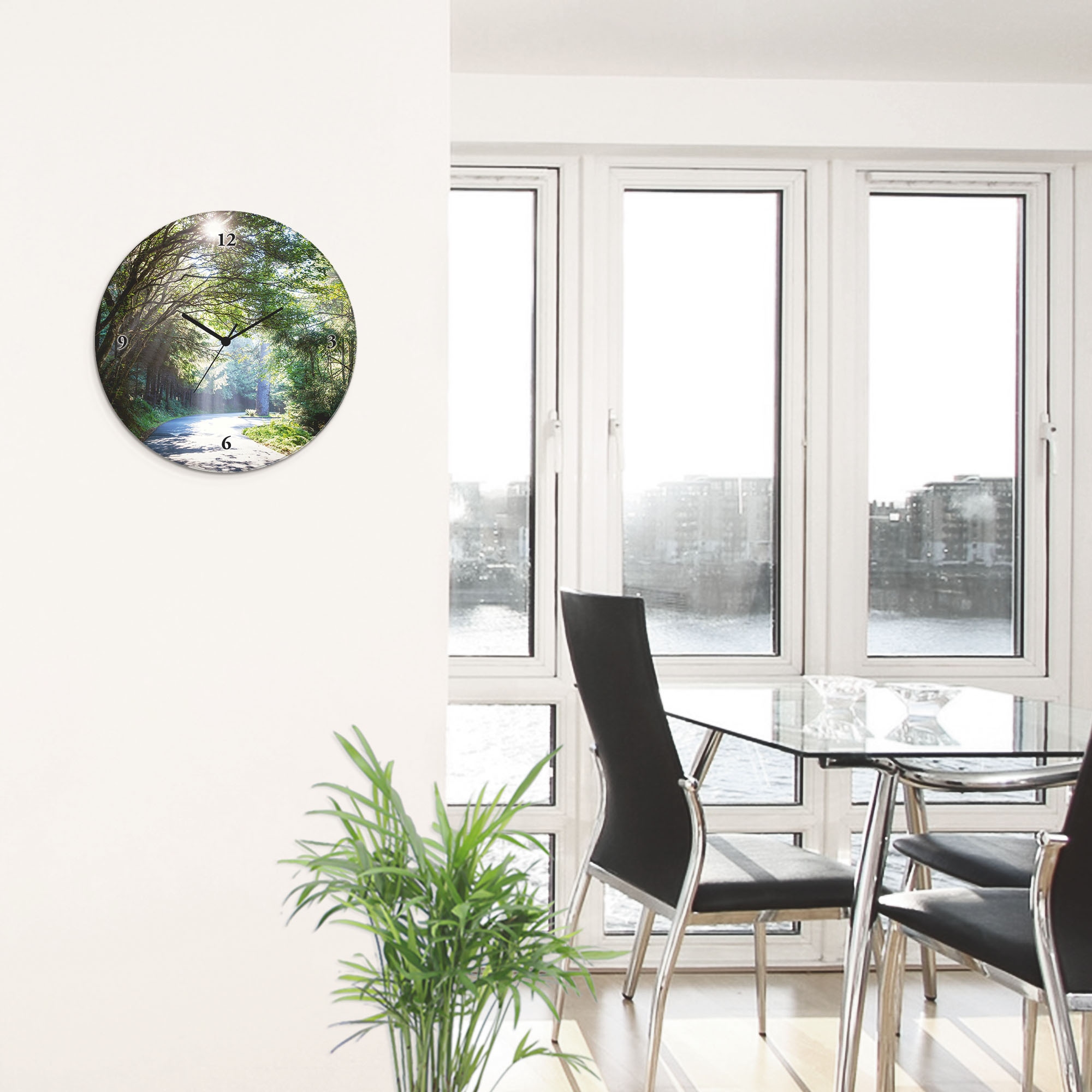 Artland Wanduhr »Glasuhr rund Sonniger Wald« wahlweise mit Quarz- oder Funkuhrwerk, lautlos ohne Tickgeräusche