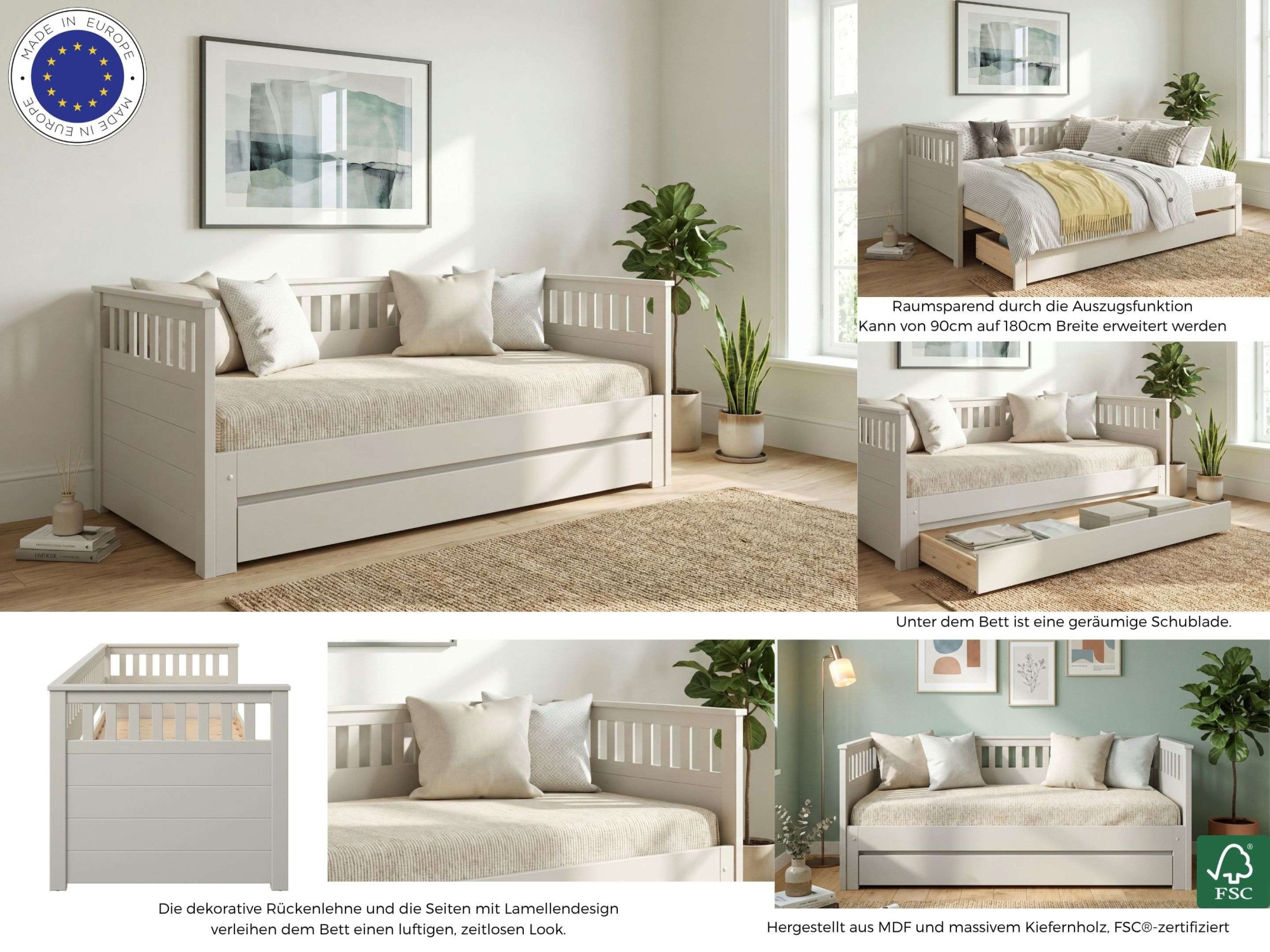 GOODproduct Lit de jour »Morrick, ausziehbar, 2 Schlafplätze + Schublade, Cashmere Beige« en pin massif et MDF, comprenant coffre de lit et sommiers à lattes,