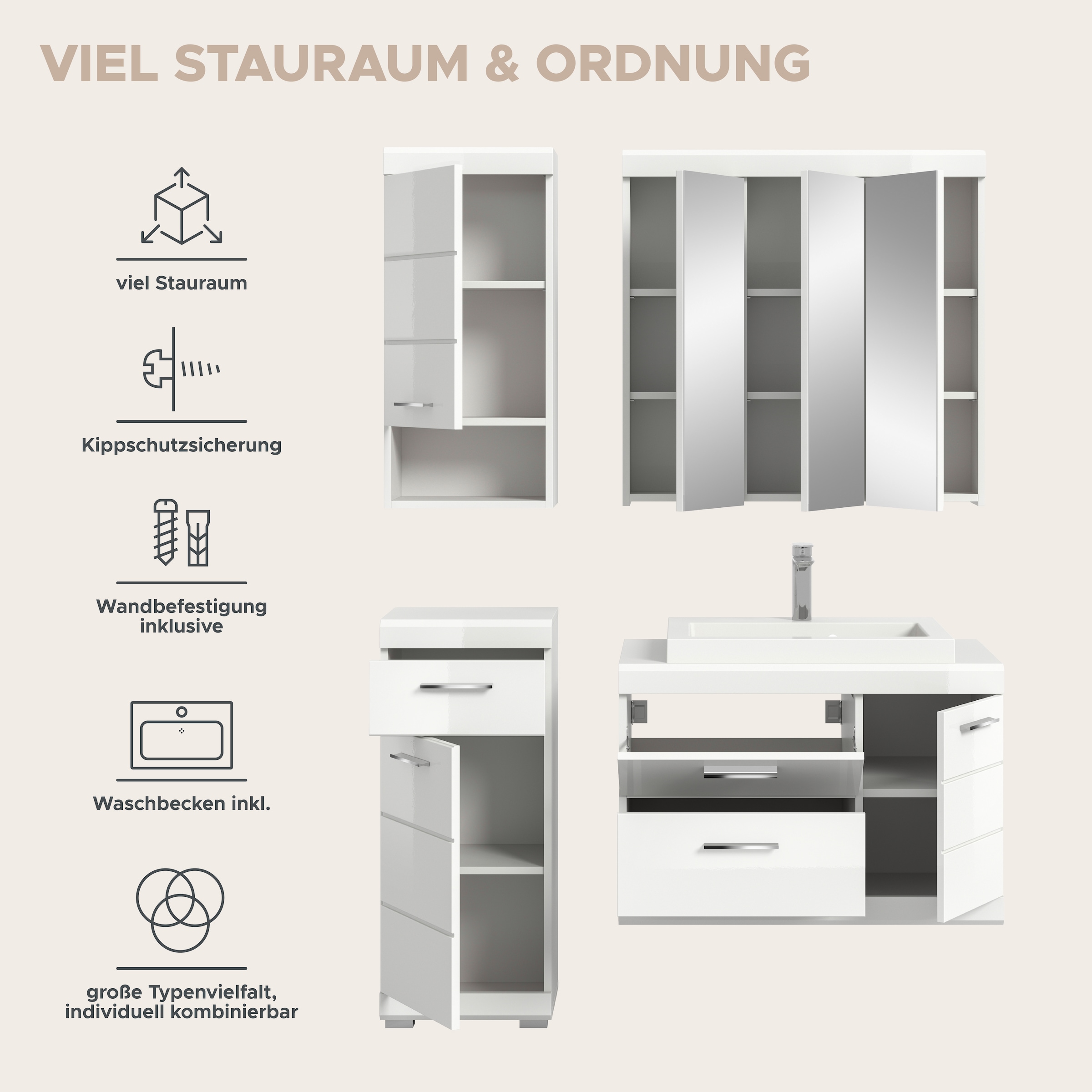 welltime Badmöbel-Set »SIENA, 4-tlg, Waschtisch ink WB, Spiegelschrank, Hänge- & Unterschrank«