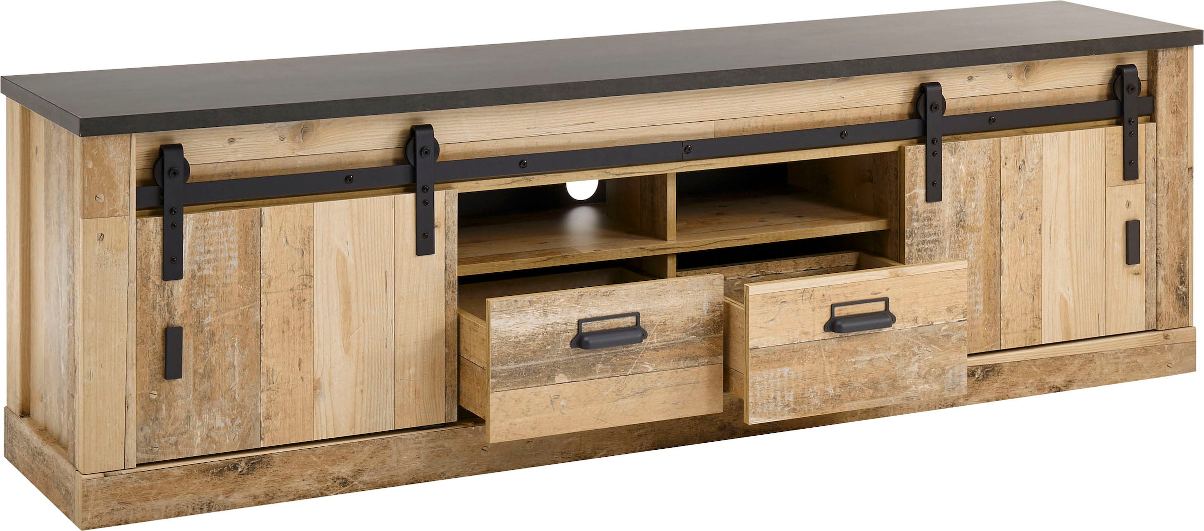 Home affaire Lowboard »SHERWOOD« modernes Holz Dekor, mit Scheunentorbeschlag aus Metall, Breite 201 cm