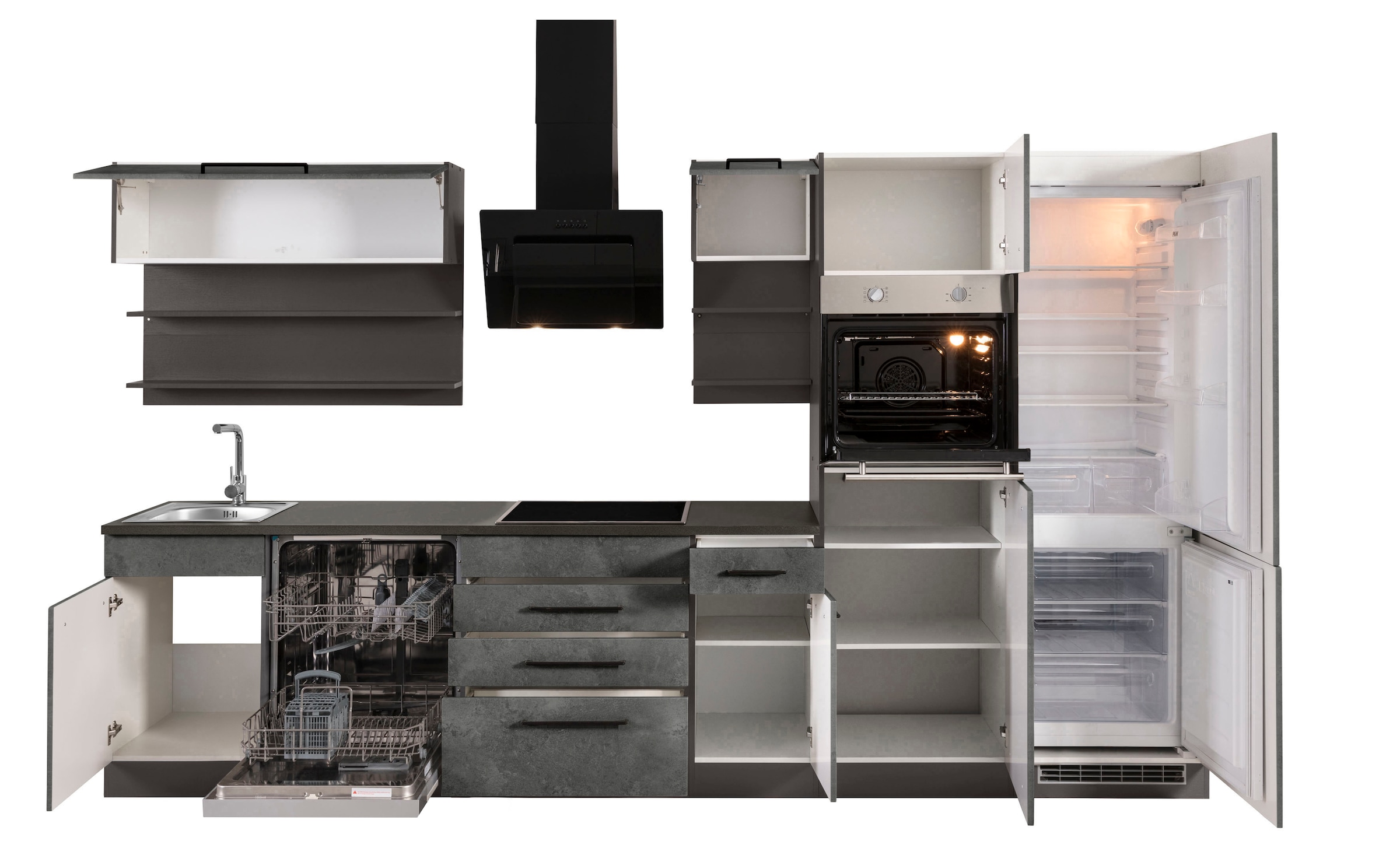 KOCHSTATION Küchenzeile »KS-Tulsa« ohne E-Geräte, Breite 330 cm, schwarze Metallgriffe, MDF Fronten