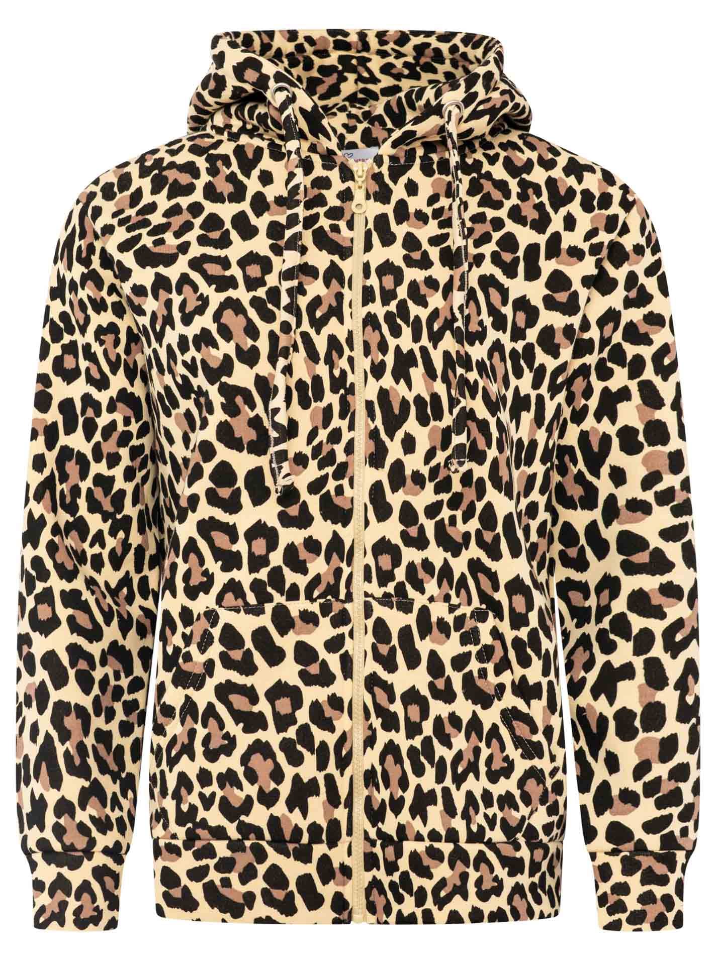Zwillingsherz Sweat à capuche »"Leo"« motif léopard, bande rose sur le bras, capuche avec cordon, poche, fermeture éclair