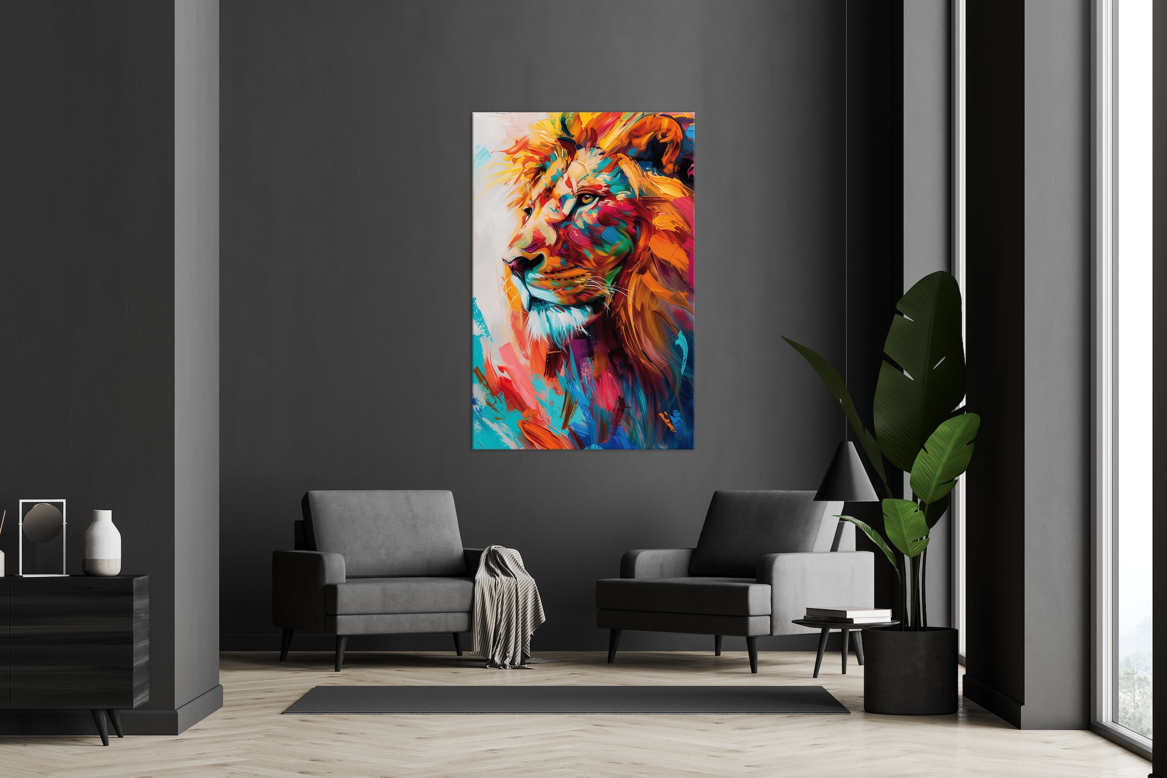 Bönninghoff Tableau sur toile »Wandbild BUNTER LÖWE 78x118 cm – Leinwandbild Keilrahmen Deko modern« Animaux | Art | Félins | Lion | Lions | Pop Art 1 cuis tlg. tendu sur châssis