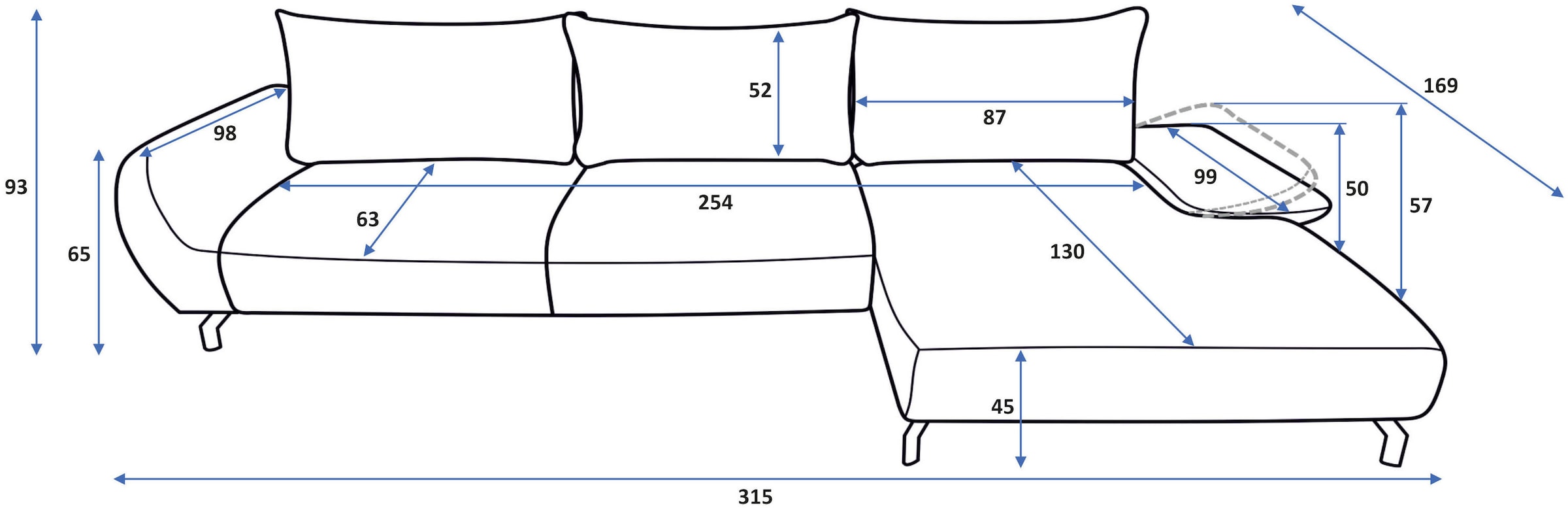 GOODproduct Canapé d'angle »KELLIE, L-Form, 315 cm, verstellbare Armlehne, Metallfüsse,« wahlweise Recamiere links o. rechts, Chenille-Stoff, hoher Sitzkomfort