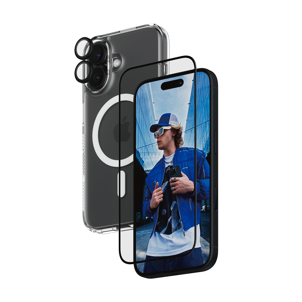 PanzerGlass Verre de protection d'écran »3-in-1 Protection« für Apple iPhone 16 Set, bestehend aus Ultra-Wide Fit Glass, Hoops, Case, 3 cuis tlg. Displayschutzfolie, Set, Kameraglas, Cover, MagSafe, kratz- & stossfest