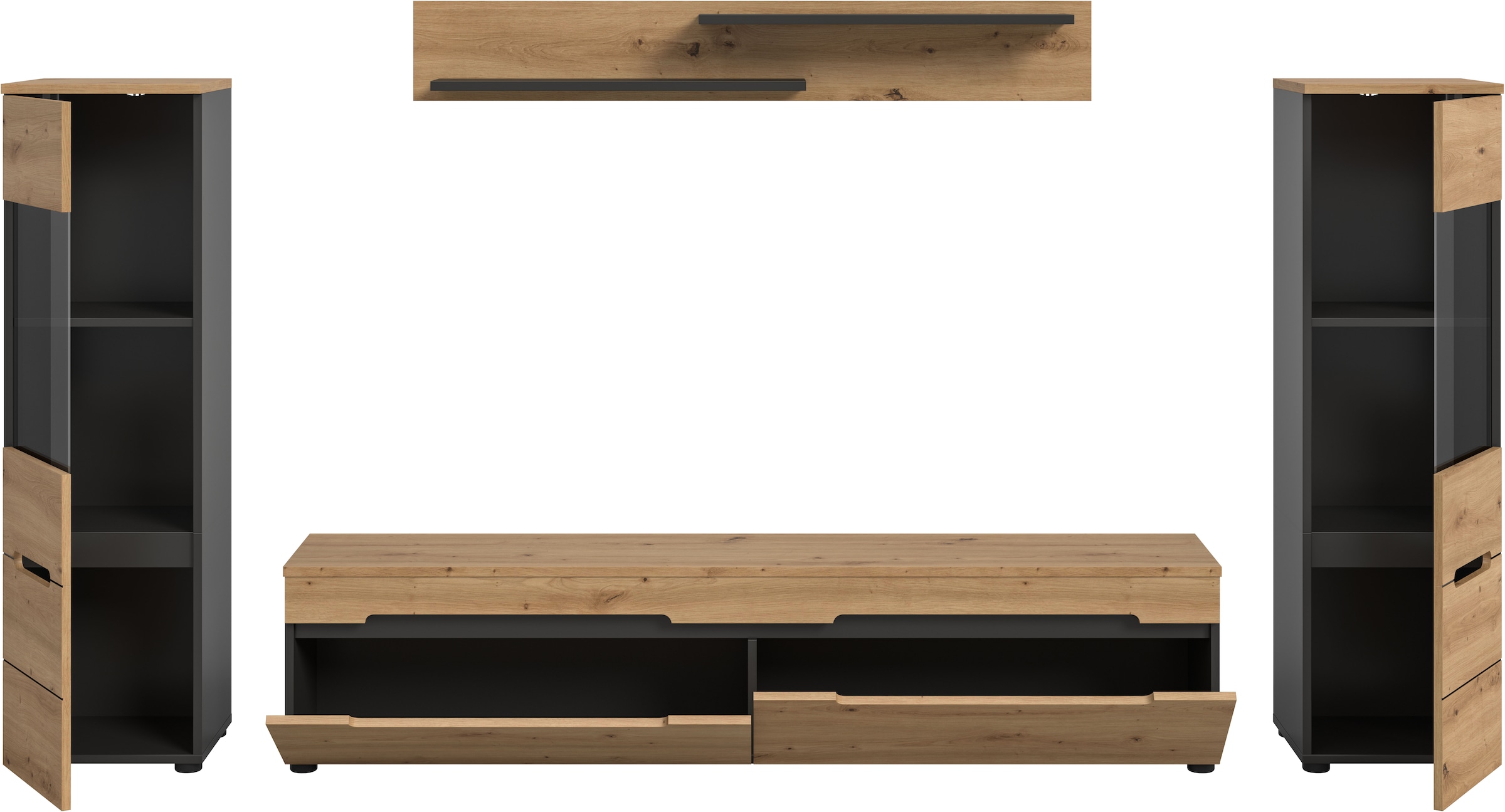 Home affaire Wohnwand »REHAT, 4-teilig, wahlweise stehend und hängend montierbar« Set bestehend aus: 2x Vitrine, Lowboard und Wandboard, 3 Stk. tlg.