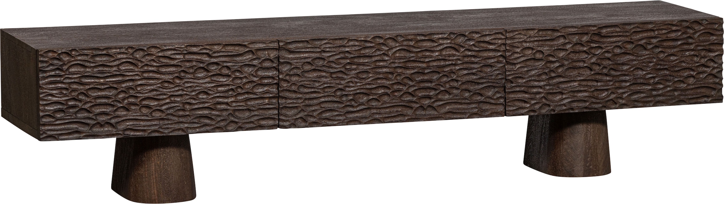 WOOOD Lowboard »Crumble Mangoholz mit Relief-Türen, H 40 x B 180 x T 40 cm« Tragkraft Deckplatte 35 kg, Auszüge je 15 kg, natürliche Holzstruktur