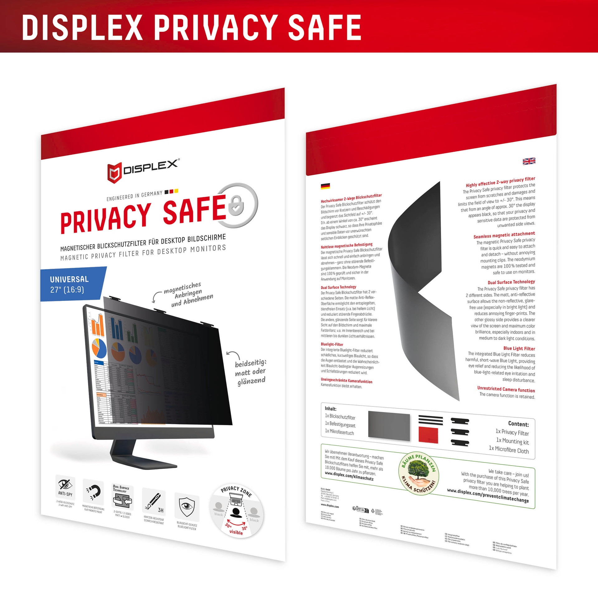 Displex Film de protection d'écran »Privacy Safe Blickschutzfilter« für Universell für Monitore mit  27 (16:9) Blickschutzfolie, Schutzfolie, Bildschirmschutz, kratz- & stossfest