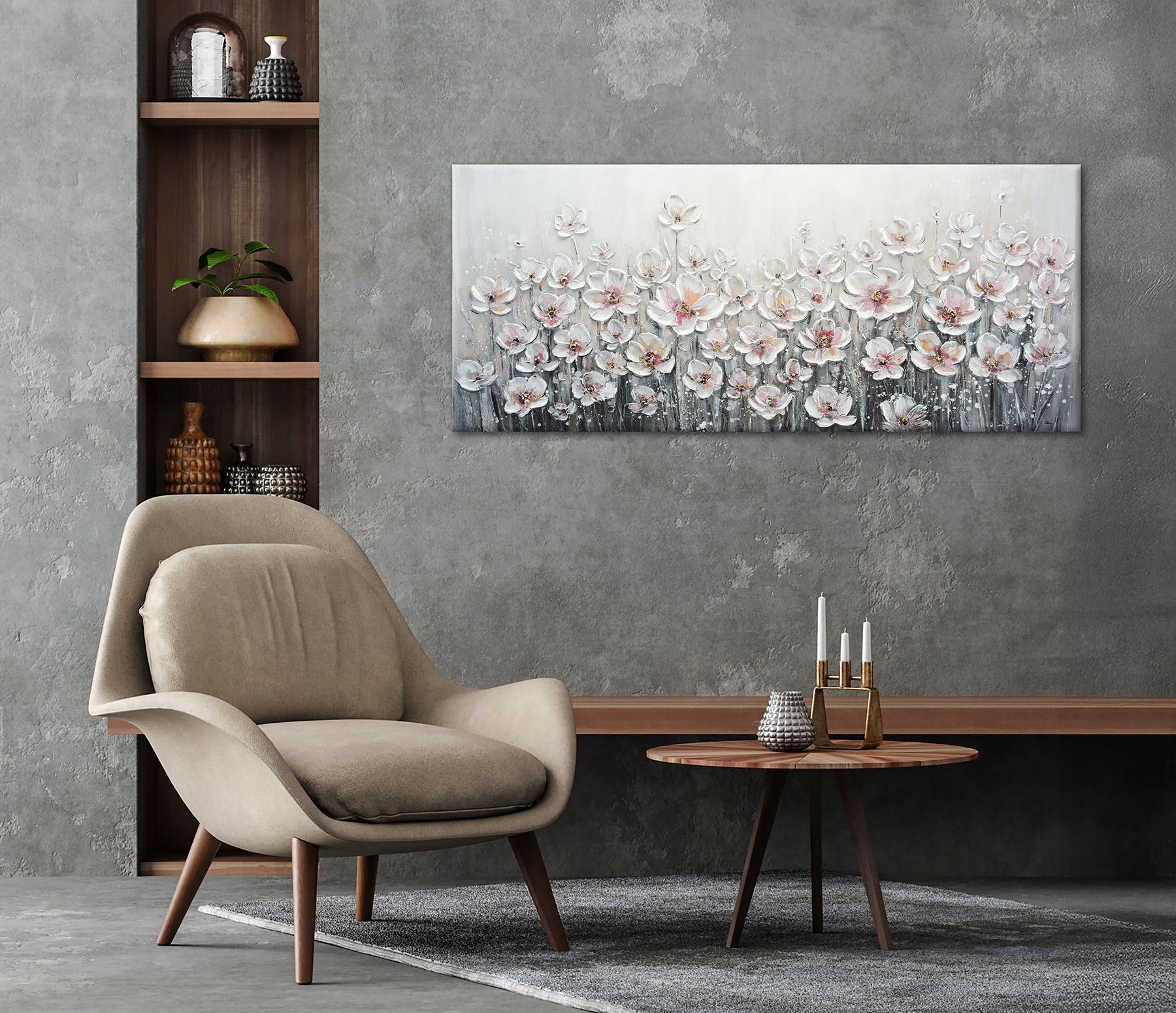 Bönninghoff Peinture à l'huile »handarbeit WEISSE BLUMEN XXL 60x140 cm – Wandbild Kunst Deko« Art | Fleurs | Images de fleurs | Plantes | Tableau 1 cuis tlg. fabriqué à la main, chaque image est unique