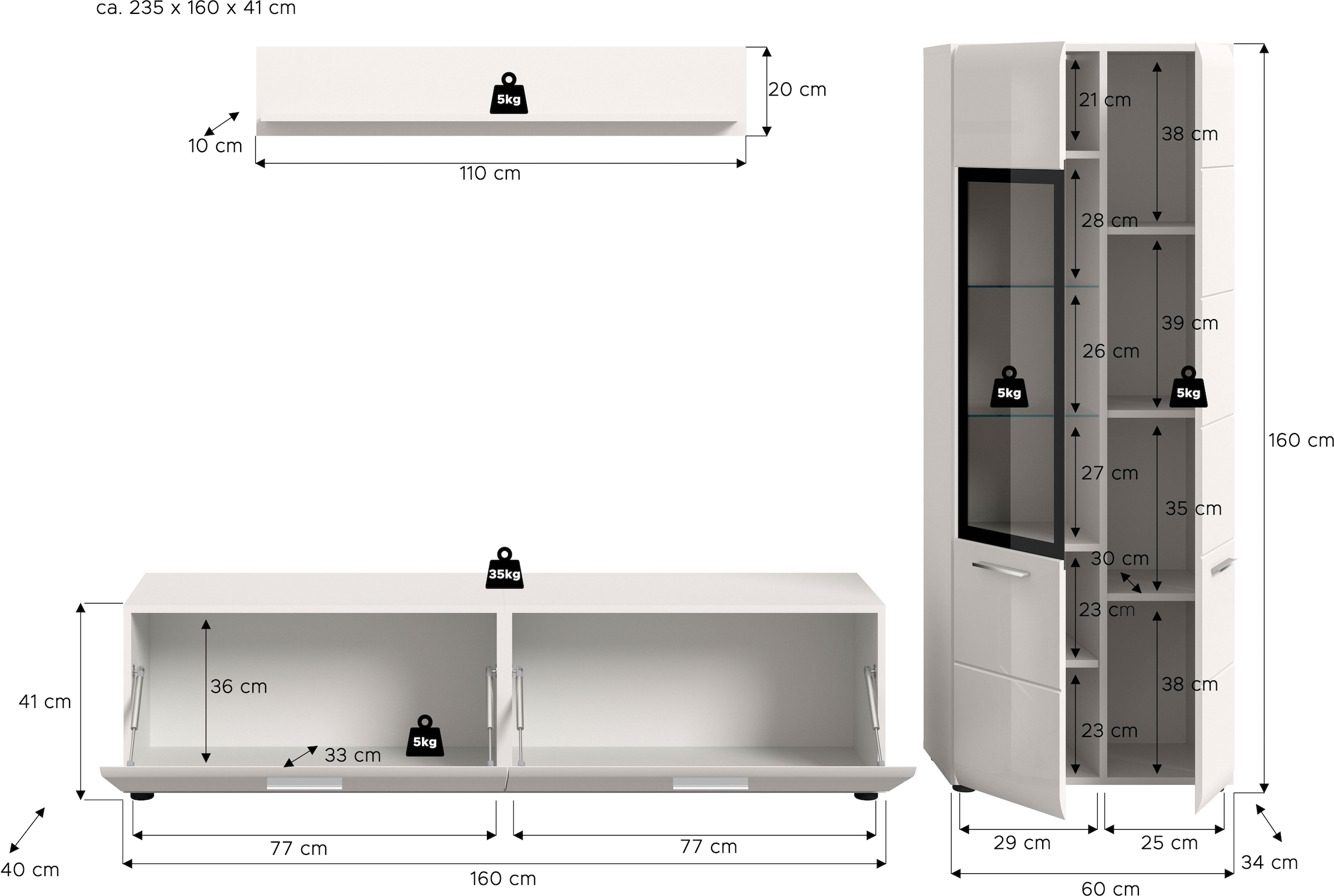 Home affaire Meuble mural »FLORENZ, 3-teilige Wohn-Kombination, hochwertige MDF-Front« Set, Set, best. aus: 1 Vitrine, 1 Lowboard, 1 Wandboard, 3 cuis tlg.