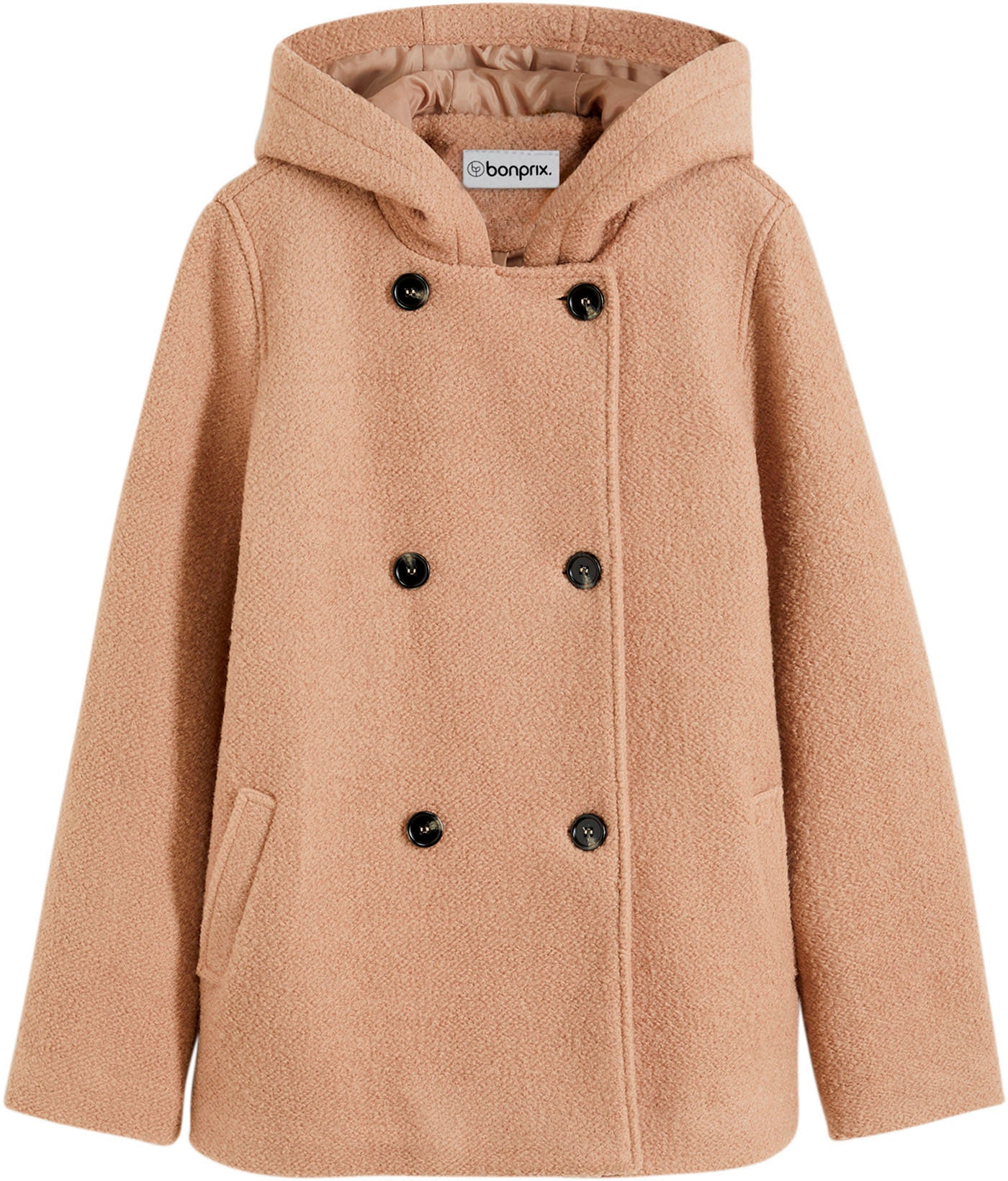 bonprix Caban mit Kapuze moderner Look, aus kuscheligem Bouclé-Material, mit Kapuze