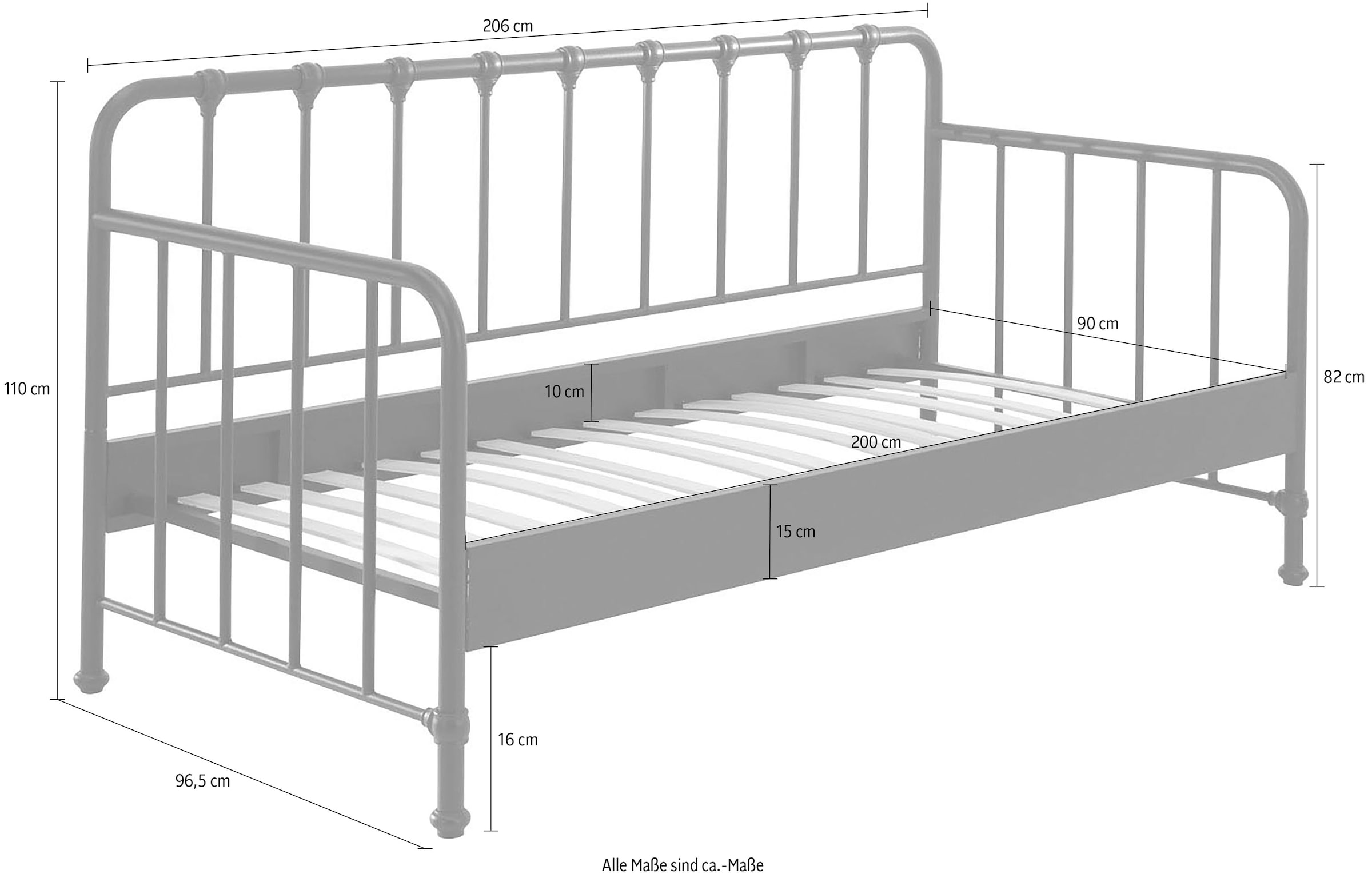 Vipack Jugendbett »Bronxx Daybett, sehr stabil, gradlinige Optik in zeitlosem Design« B/H/T ca. 96,5x110x206cm, schwarz matt, inkl. Lattenrost,  Liegefläche 90/200 cm, ideal für Jugend- oder Gästezimmer