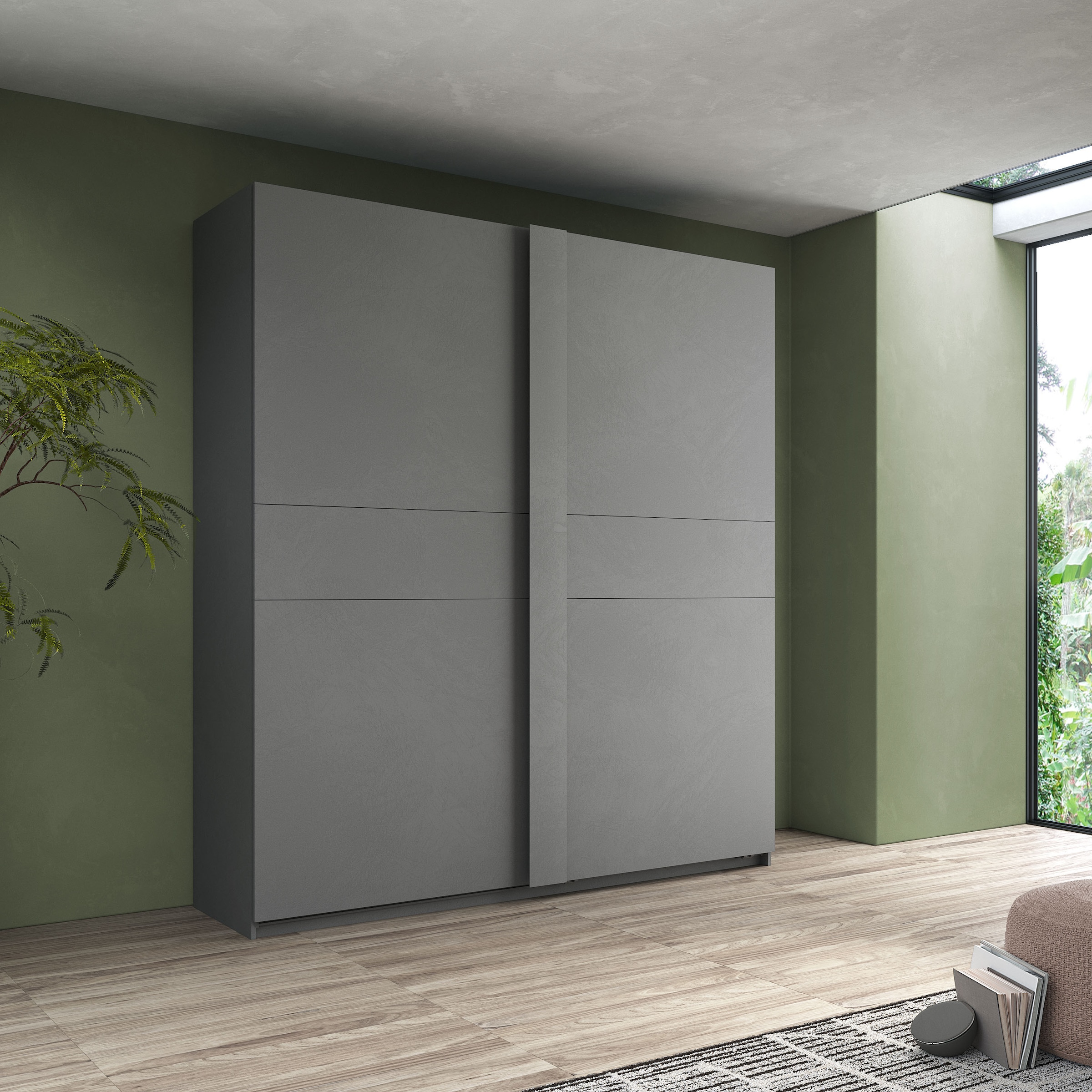 Home affaire Schwebetürenschrank »Jupiter, Schiebetürenschrank in Steingrau« 2 Breiten, moderne Griffblende, Metallgriffleisten, 22 mm Böden