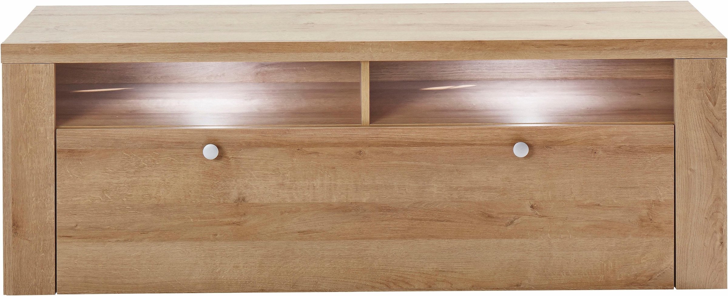 GOODproduct Table basse »Larona, zeitloses TV Board mit 1 Klappe und 2 offenen Fächern« Largeur 140 cm, banc TV, beaucoup de rangement, look cadre décoratif
