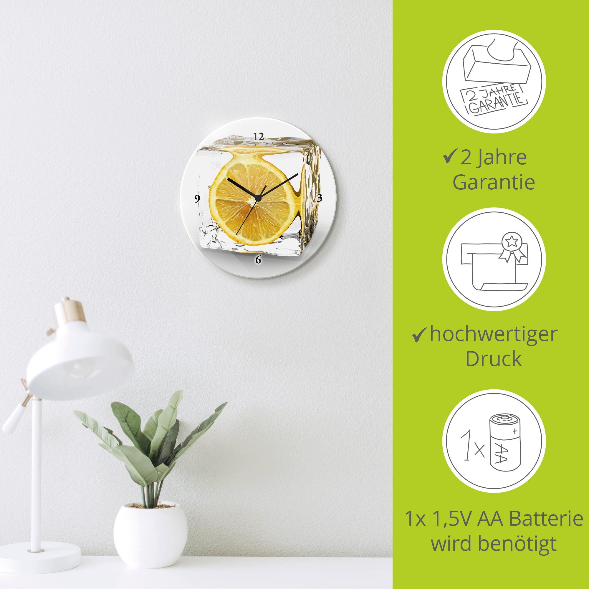 Artland Horloge murale »Zitrone im Eiswürfel« wahlweise mit Quarz- oder Funkuhrwerk, lautlos ohne Tickgeräusche